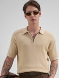 Highlander Men Cream Self Design Polo Collar T-Shirt
