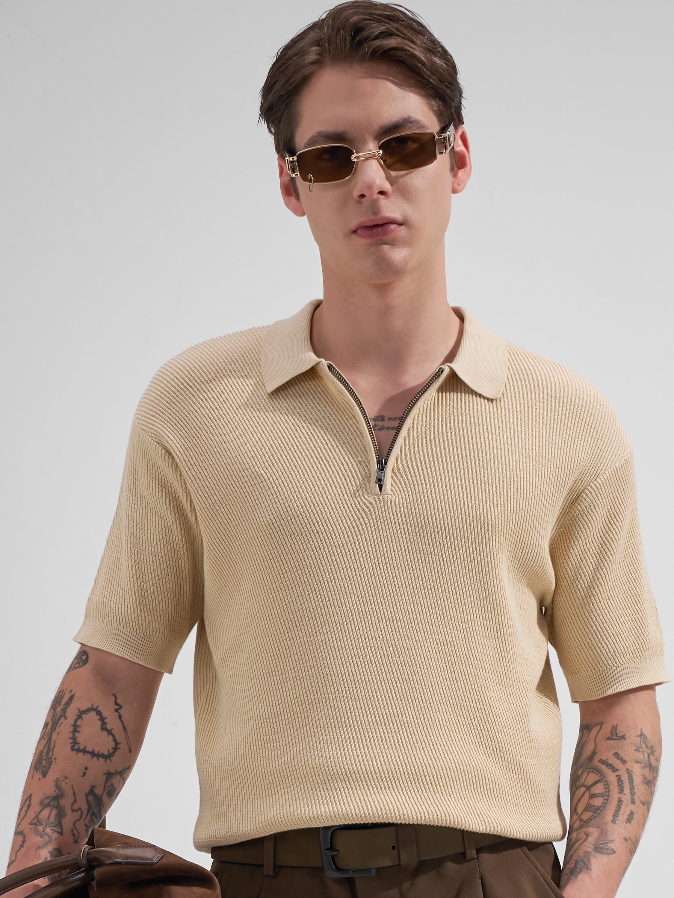 Highlander Men Cream Self Design Polo Collar T-Shirt
