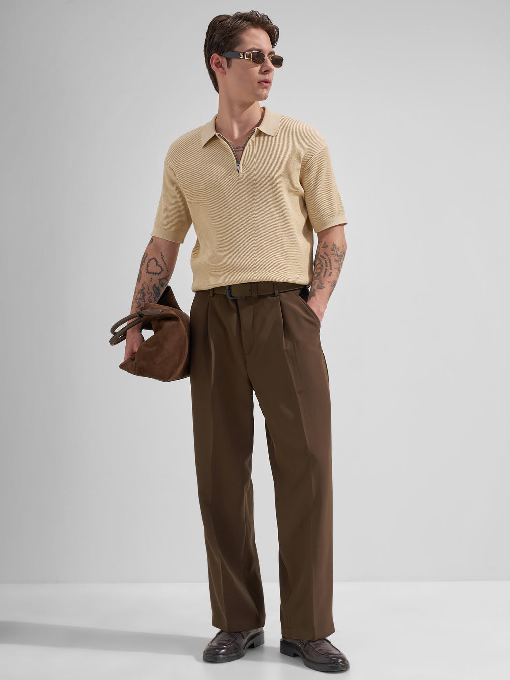 Highlander Men Cream Self Design Polo Collar T-Shirt