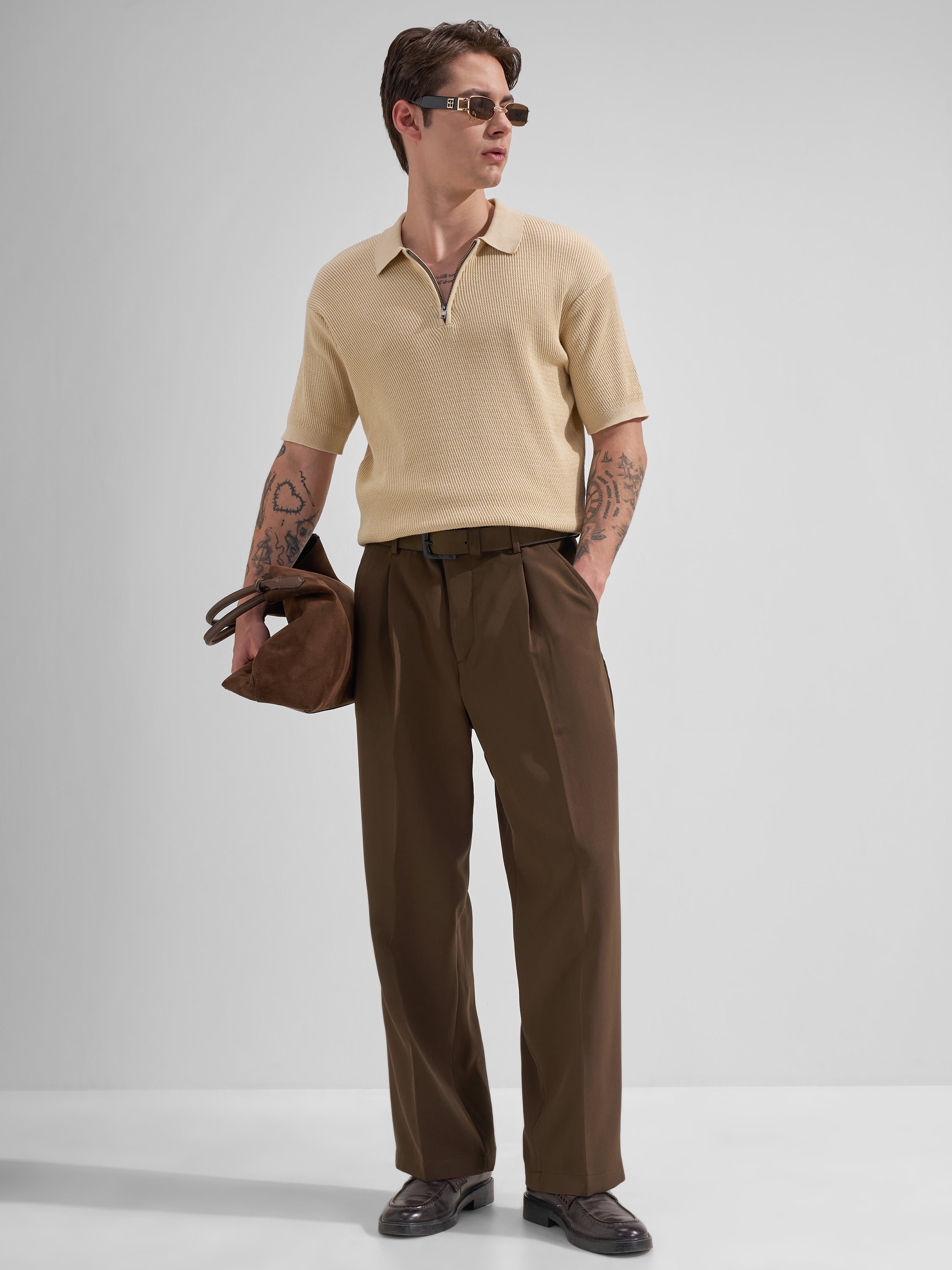 Highlander Men Cream Self Design Polo Collar T-Shirt