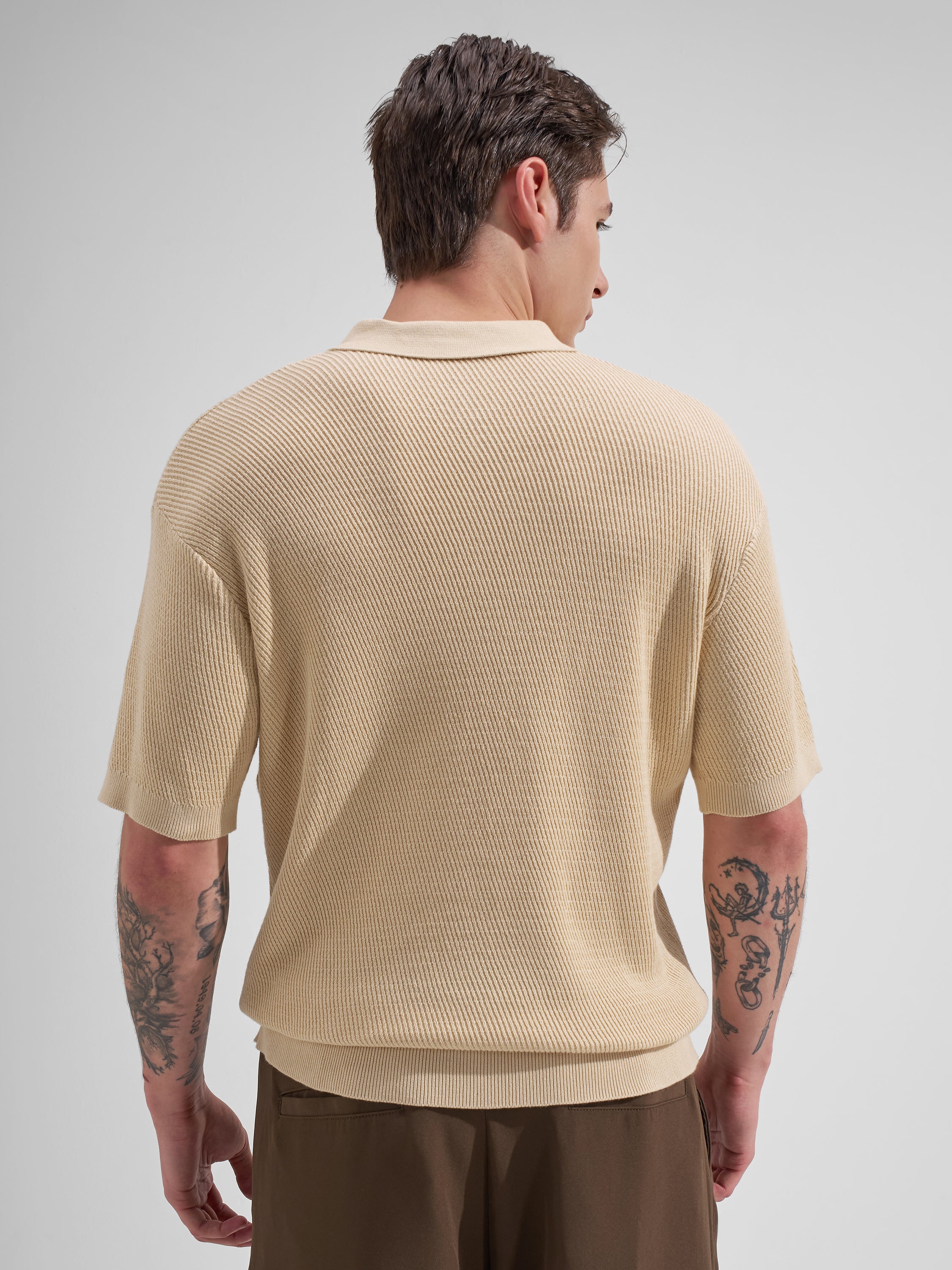Highlander Men Cream Self Design Polo Collar T-Shirt