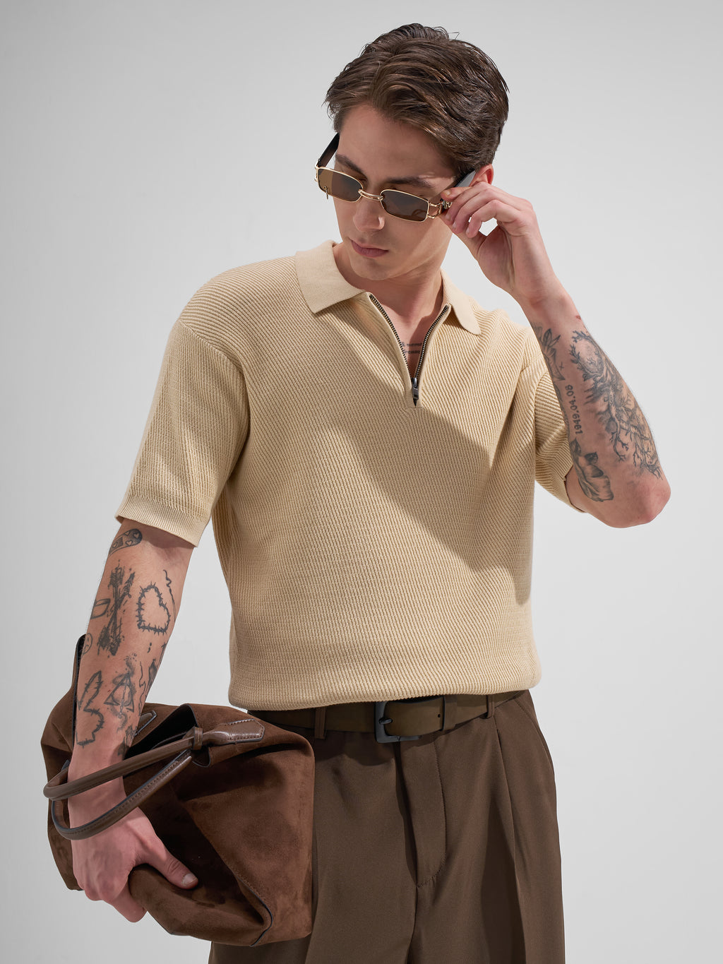 Highlander Men Cream Self Design Polo Collar T-Shirt
