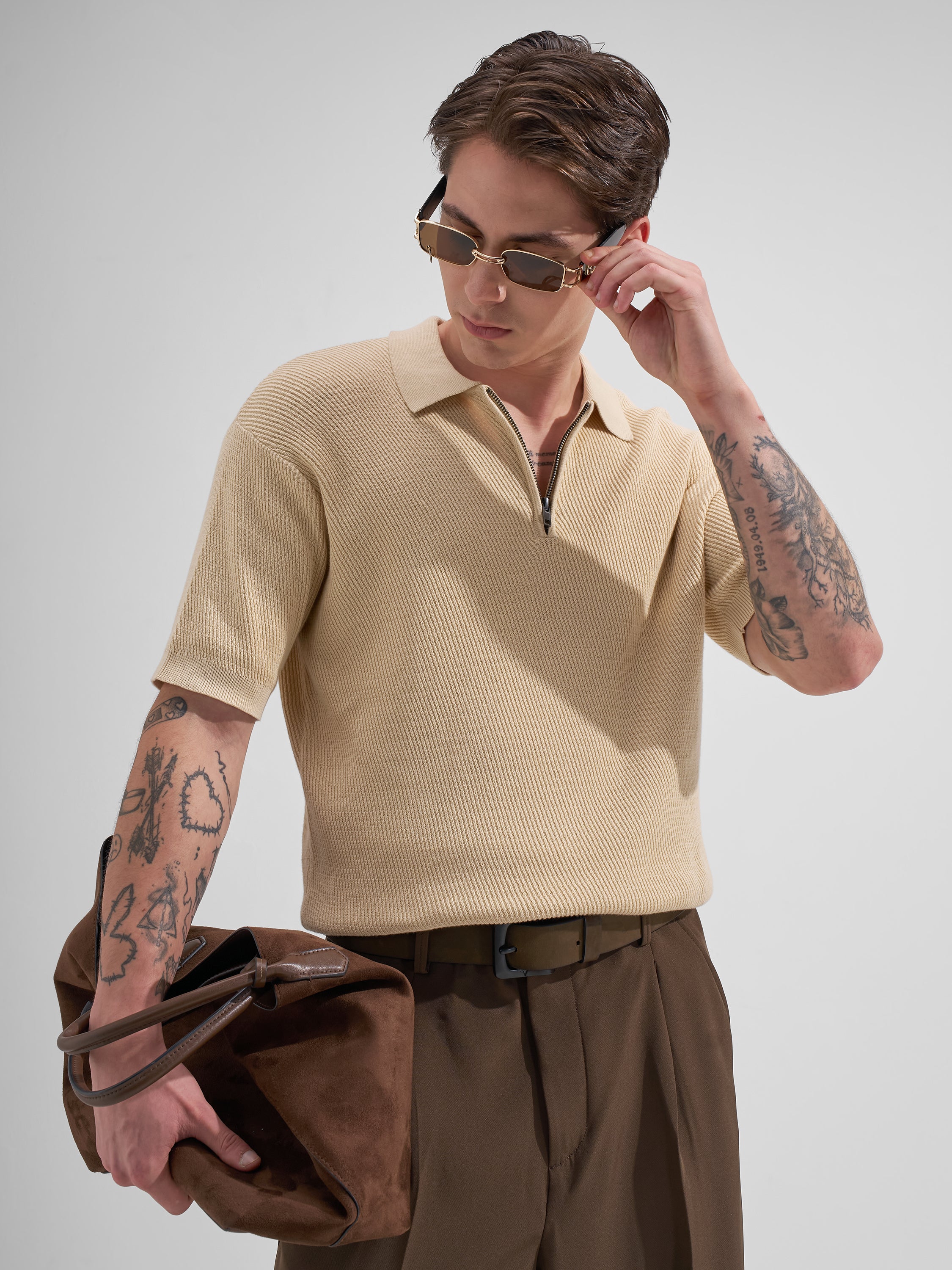 Highlander Men Cream Self Design Polo Collar T-Shirt