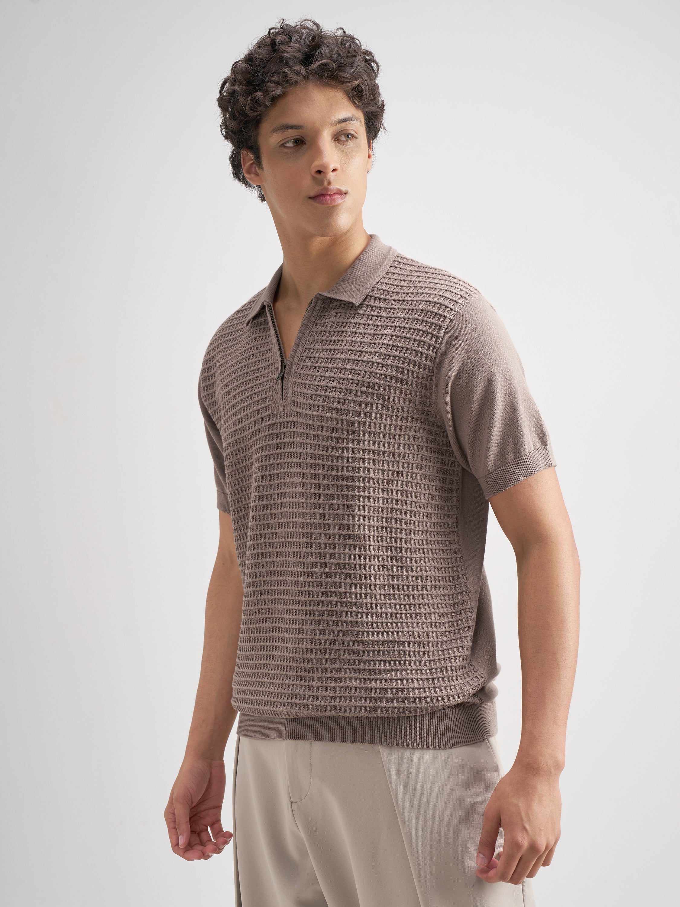 Highlander Men Brown Self Design Polo Collar T-Shirt - Brown - Image 4
