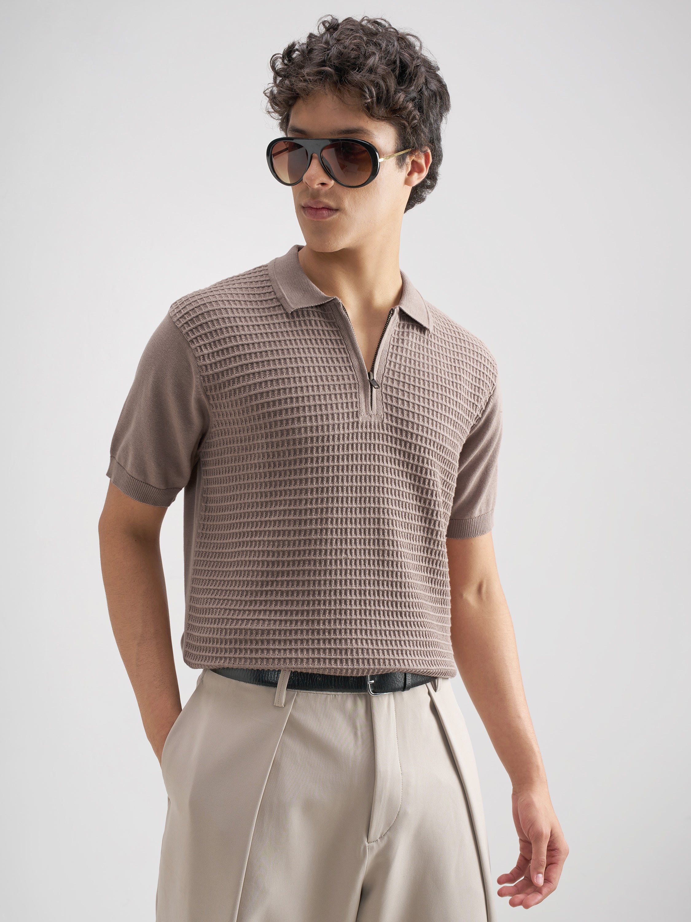 Highlander Men Brown Self Design Polo Collar T-Shirt - Brown - Image 6