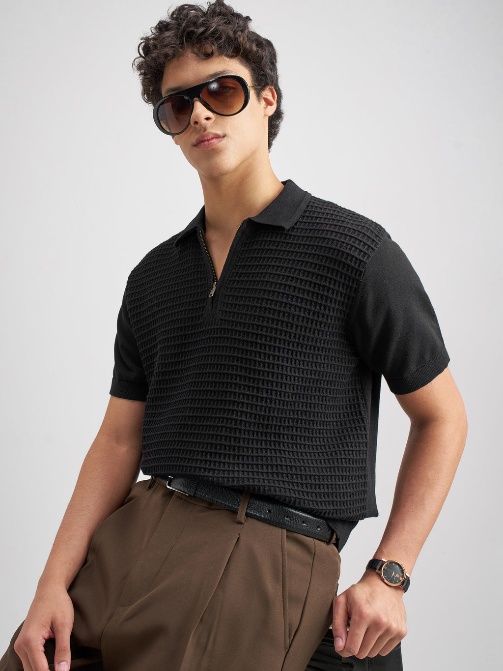 Highlander Men Black Self Design Polo Collar T-Shirt - Black - Image 1