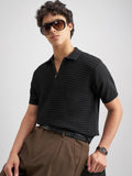 Highlander Men Black Self Design Polo Collar T-Shirt - Black - Image 1