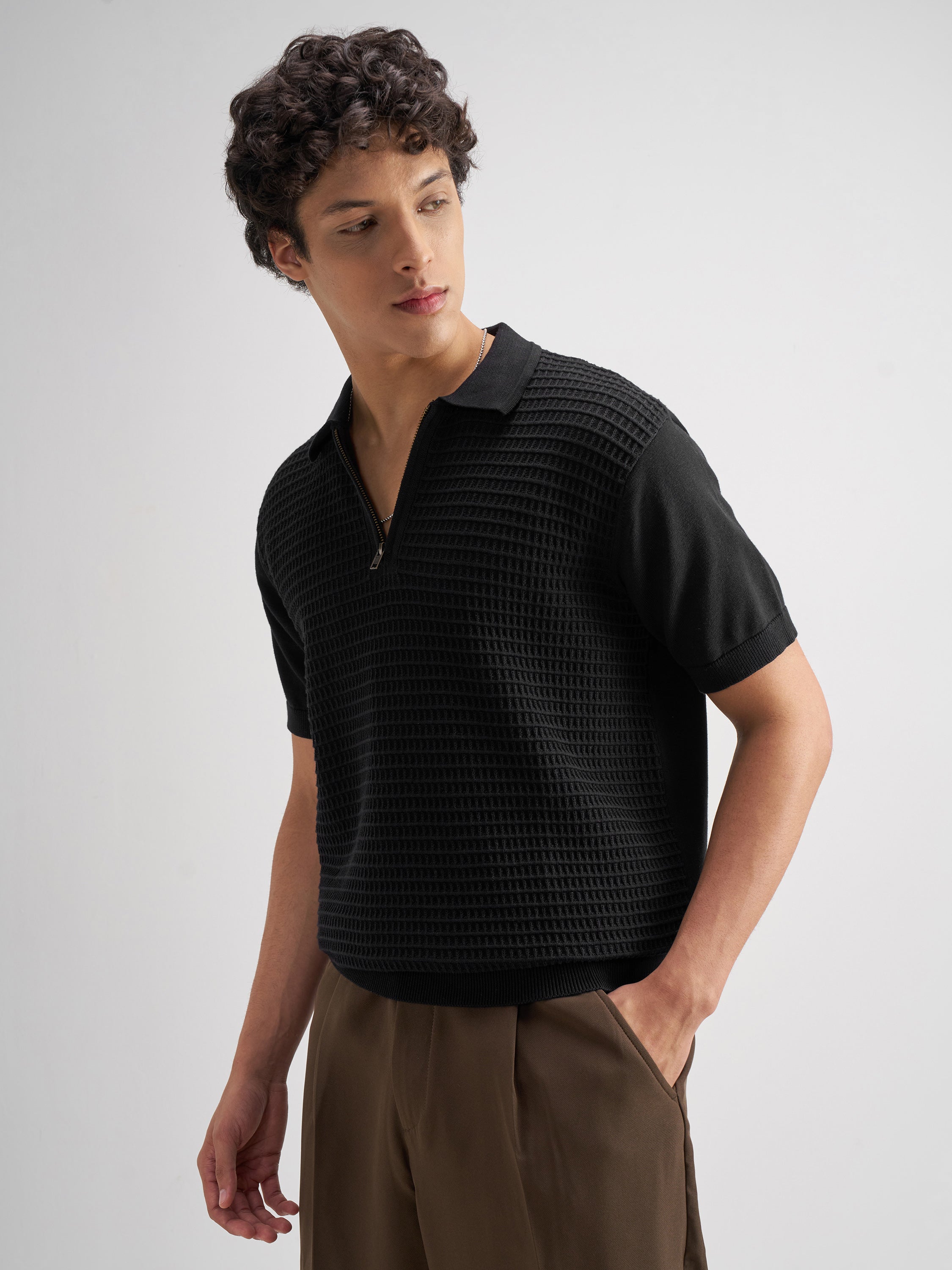 Highlander Men Black Self Design Polo Collar T-Shirt - Black - Image 4