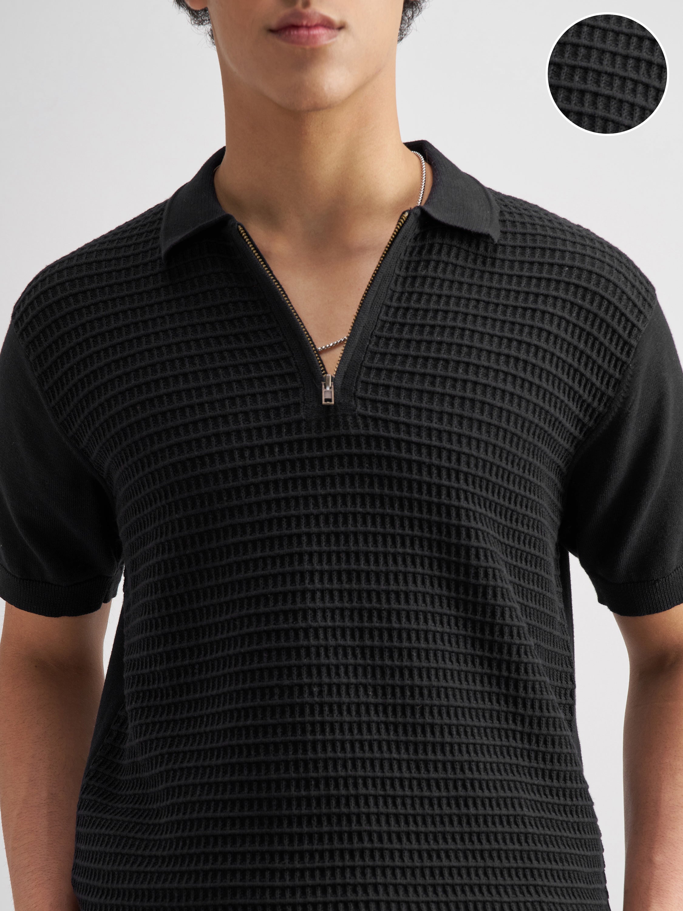Highlander Men Black Self Design Polo Collar T-Shirt - Black - Image 5
