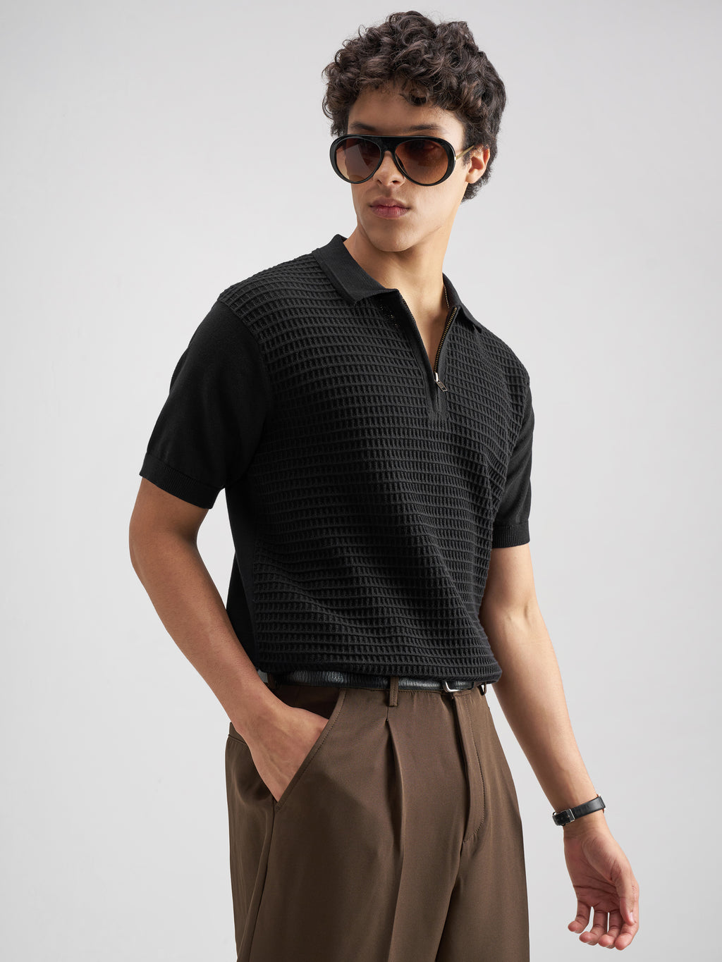 Highlander Men Black Self Design Polo Collar T-Shirt - Black - Image 6