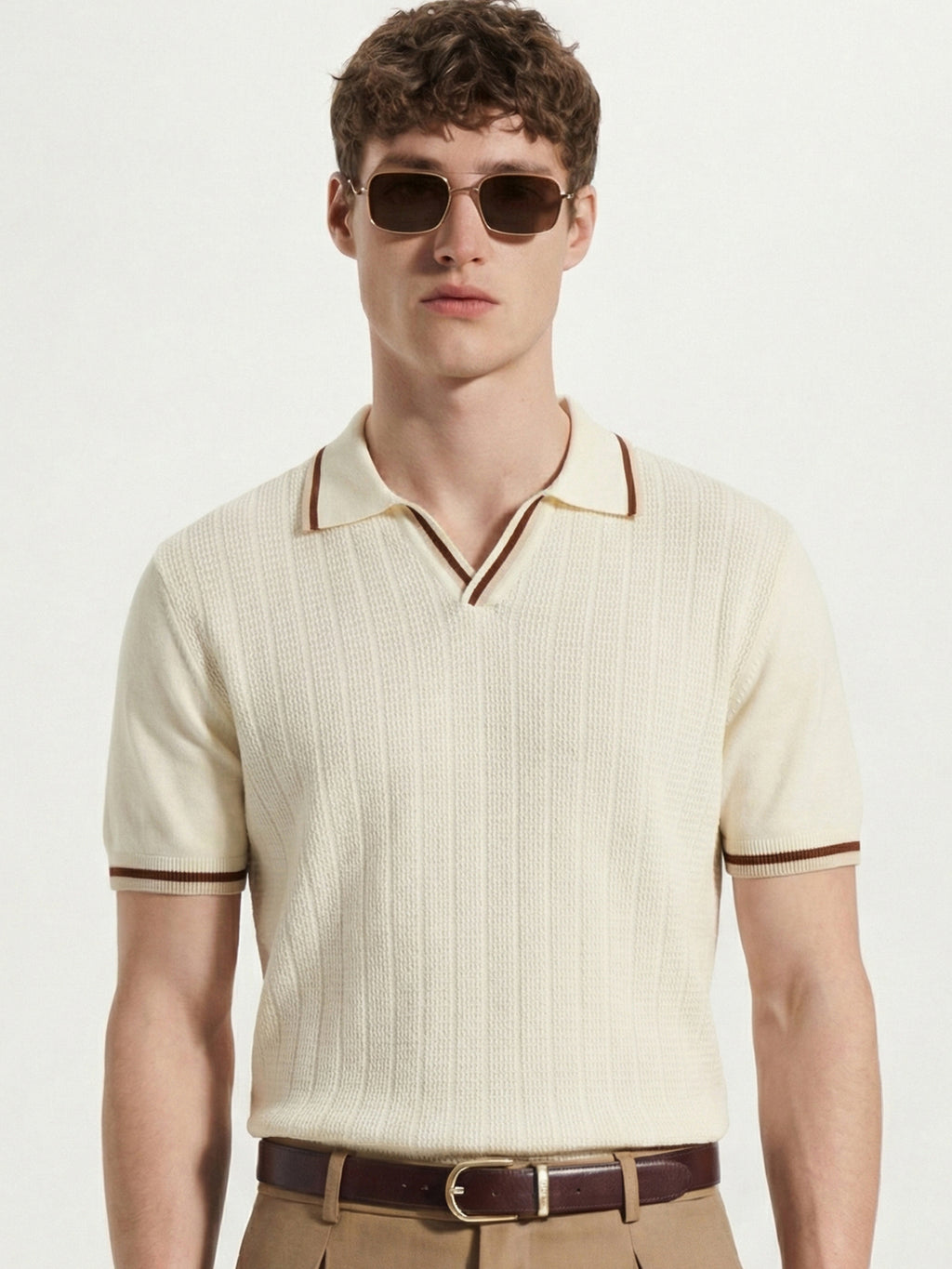 Highlander Men Cream Self Design Polo Collar T-Shirt - Cream - Image 1