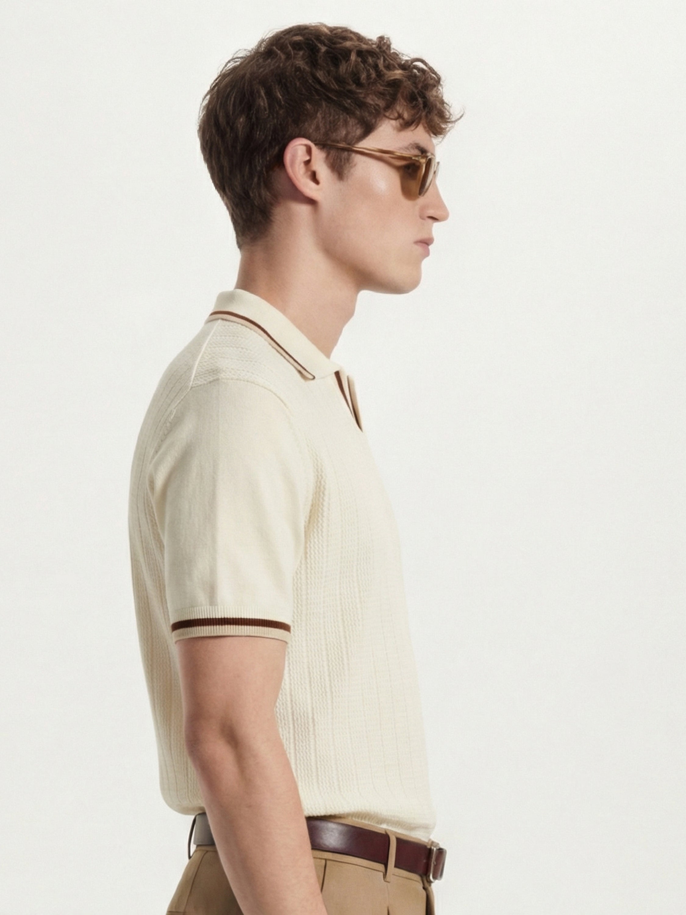 Highlander Men Cream Self Design Polo Collar T-Shirt - Cream - Image 4