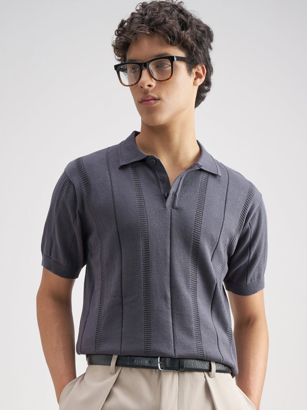 Highlander Men Blue Self Design Polo Collar T-Shirt - Blue - Image 1