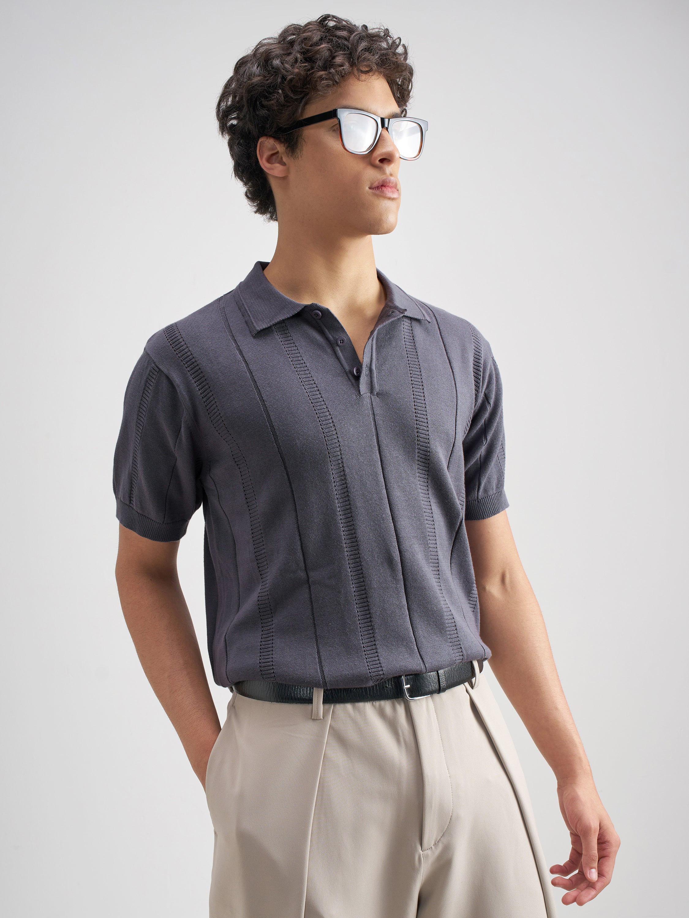 Highlander Men Blue Self Design Polo Collar T-Shirt - Blue - Image 6