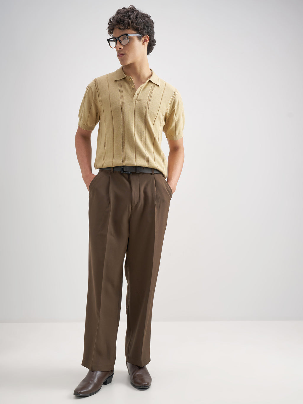 Highlander Men Beige Self Design Polo Collar T-Shirt - Beige - Image 2