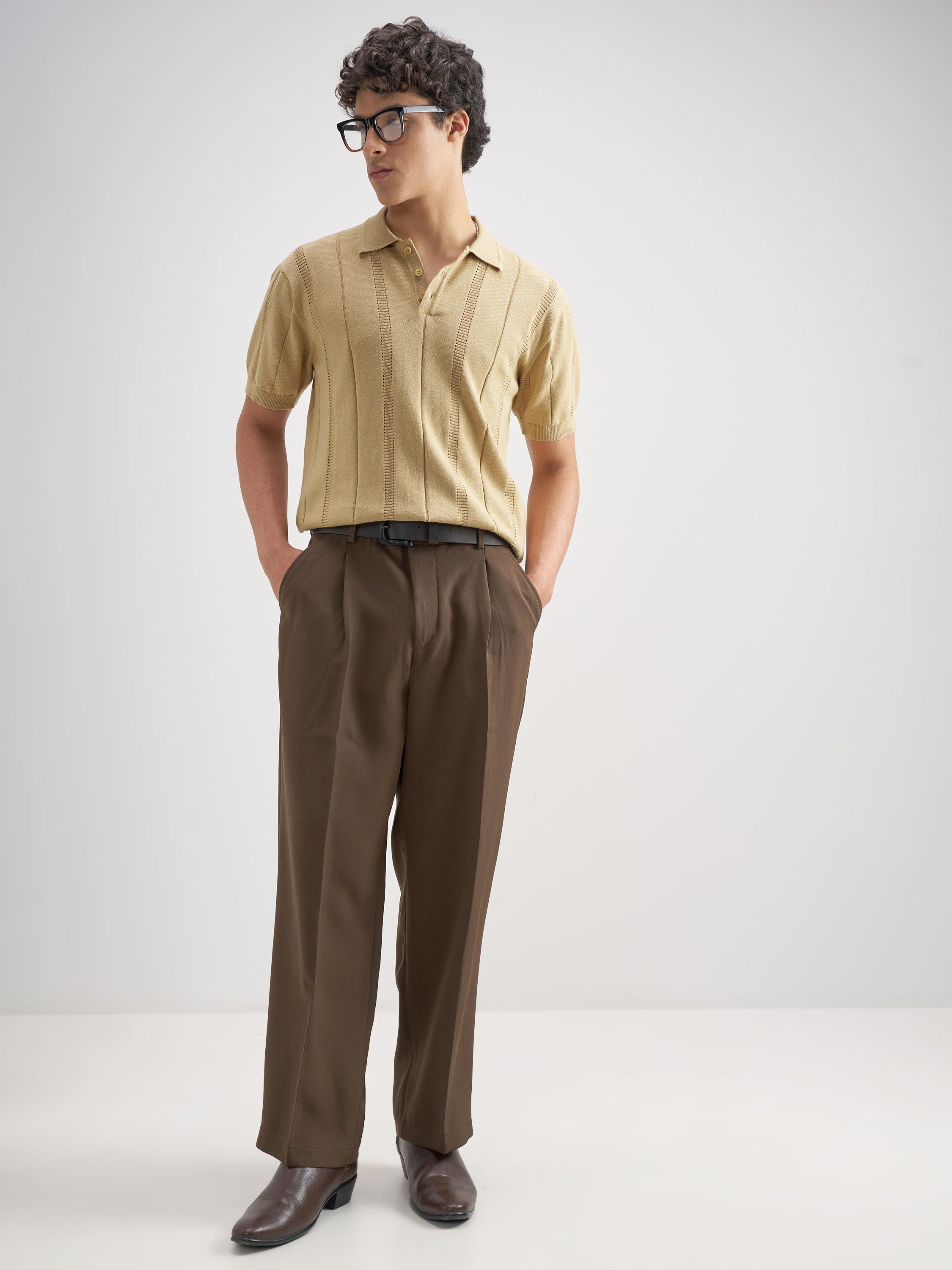 Highlander Men Beige Self Design Polo Collar T-Shirt - Beige - Image 2