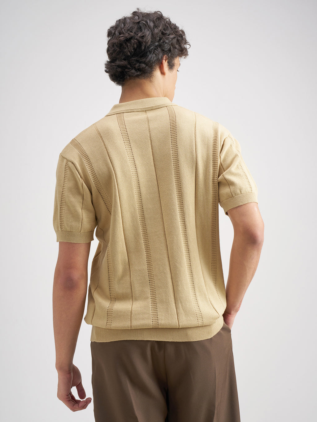 Highlander Men Beige Self Design Polo Collar T-Shirt - Beige - Image 3