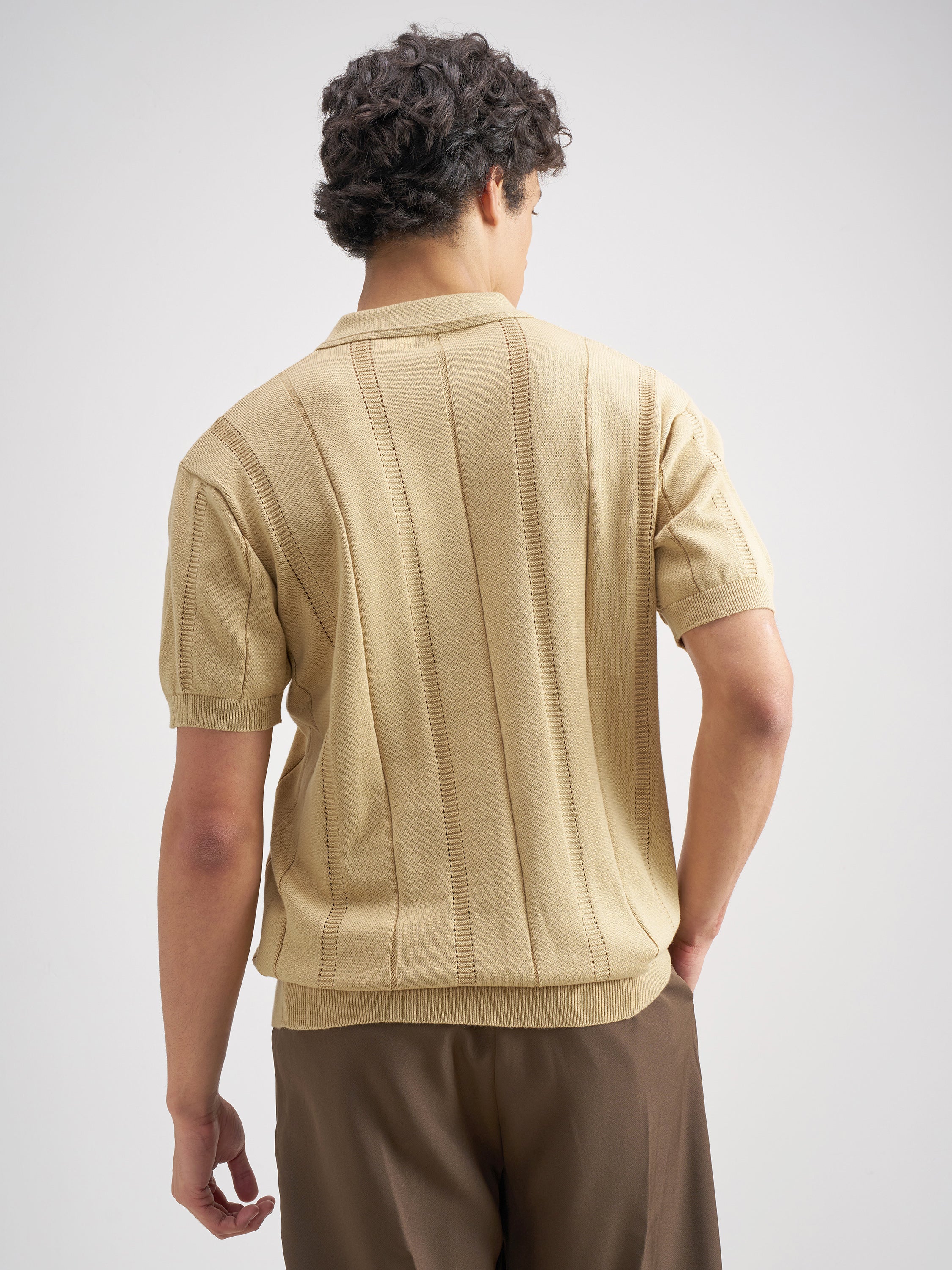Highlander Men Beige Self Design Polo Collar T-Shirt - Beige - Image 3