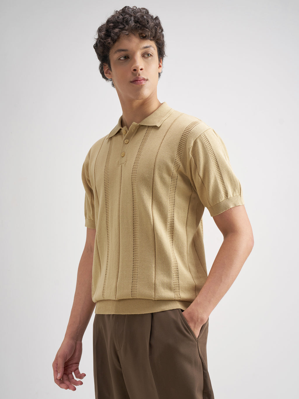 Highlander Men Beige Self Design Polo Collar T-Shirt - Beige - Image 4