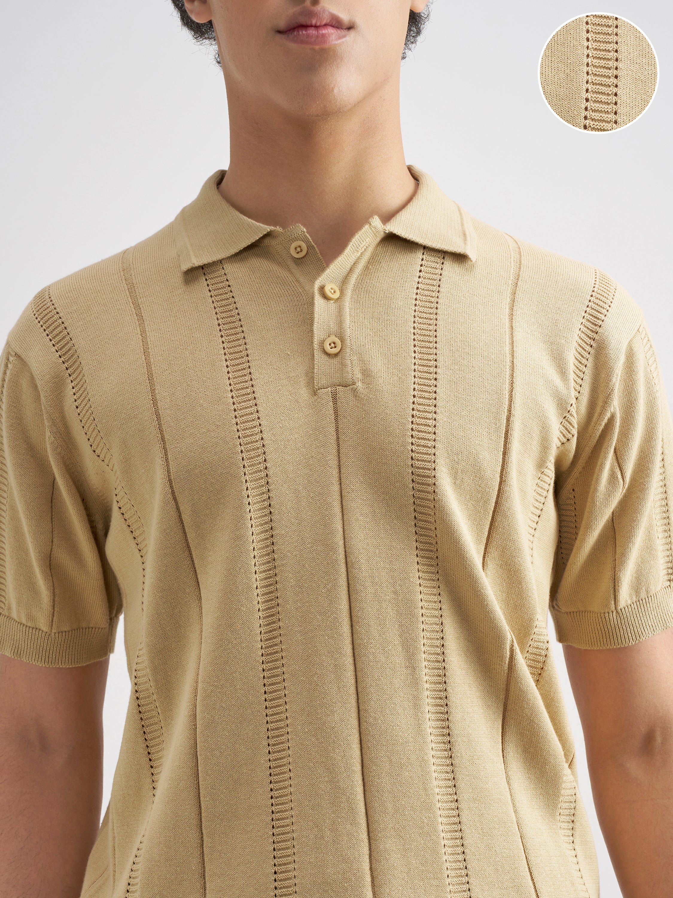 Highlander Men Beige Self Design Polo Collar T-Shirt - Beige - Image 5