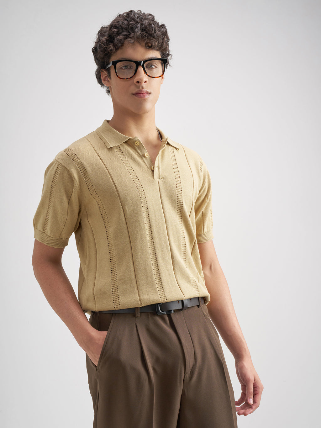 Highlander Men Beige Self Design Polo Collar T-Shirt - Beige - Image 6