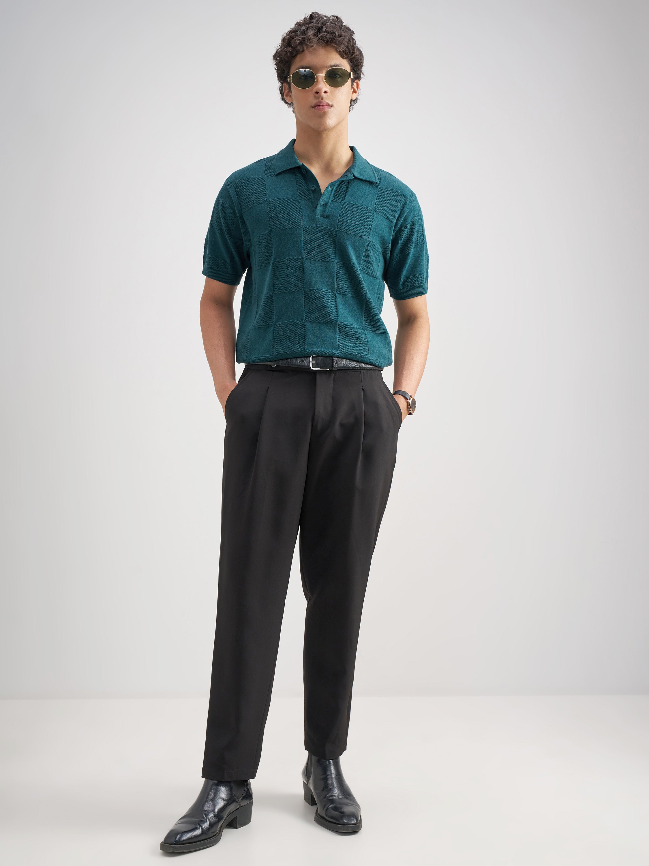 Highlander Men Teal Self Design Polo Collar T-Shirt - Teal - Image 2