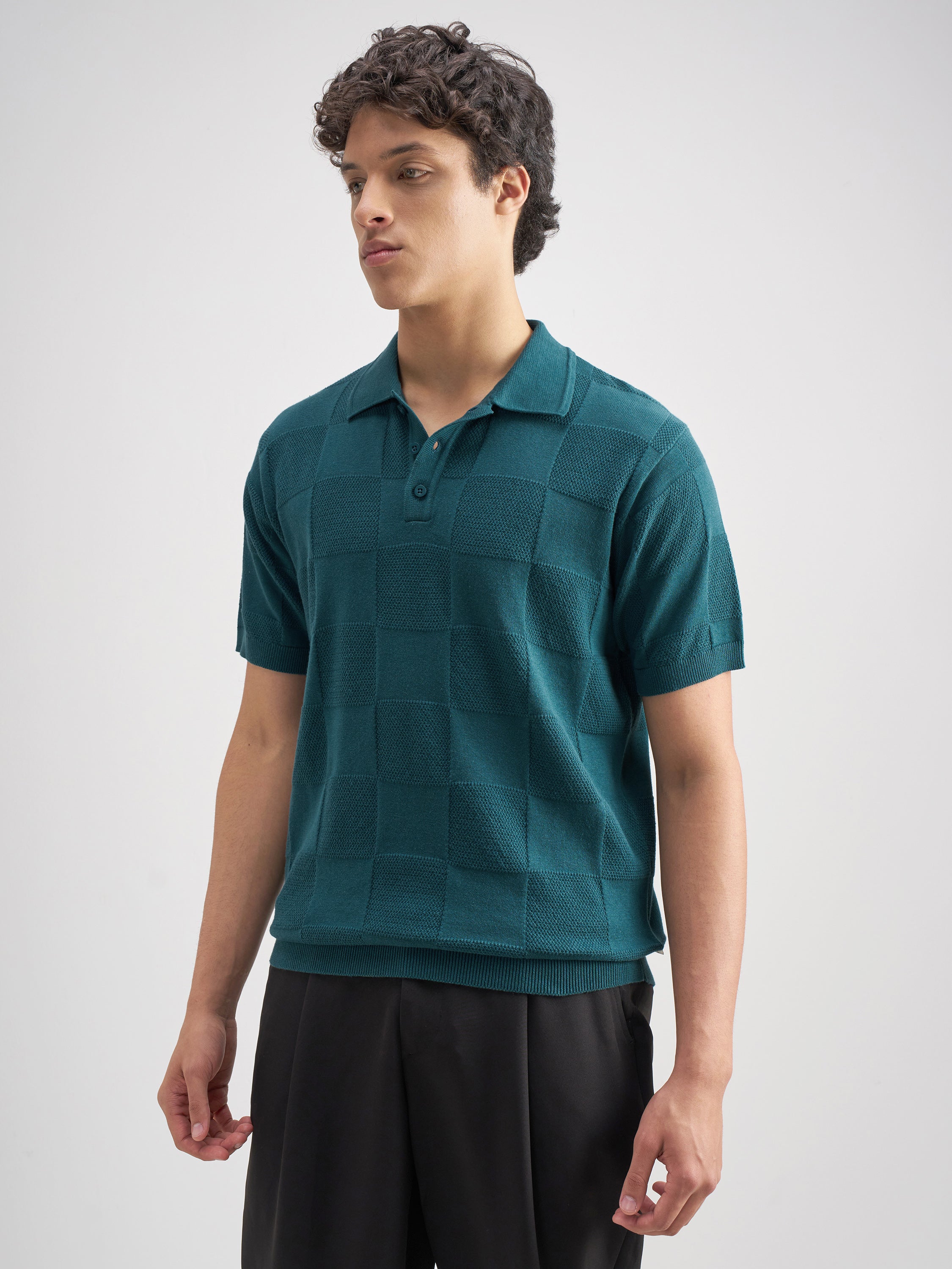 Highlander Men Teal Self Design Polo Collar T-Shirt - Teal - Image 4