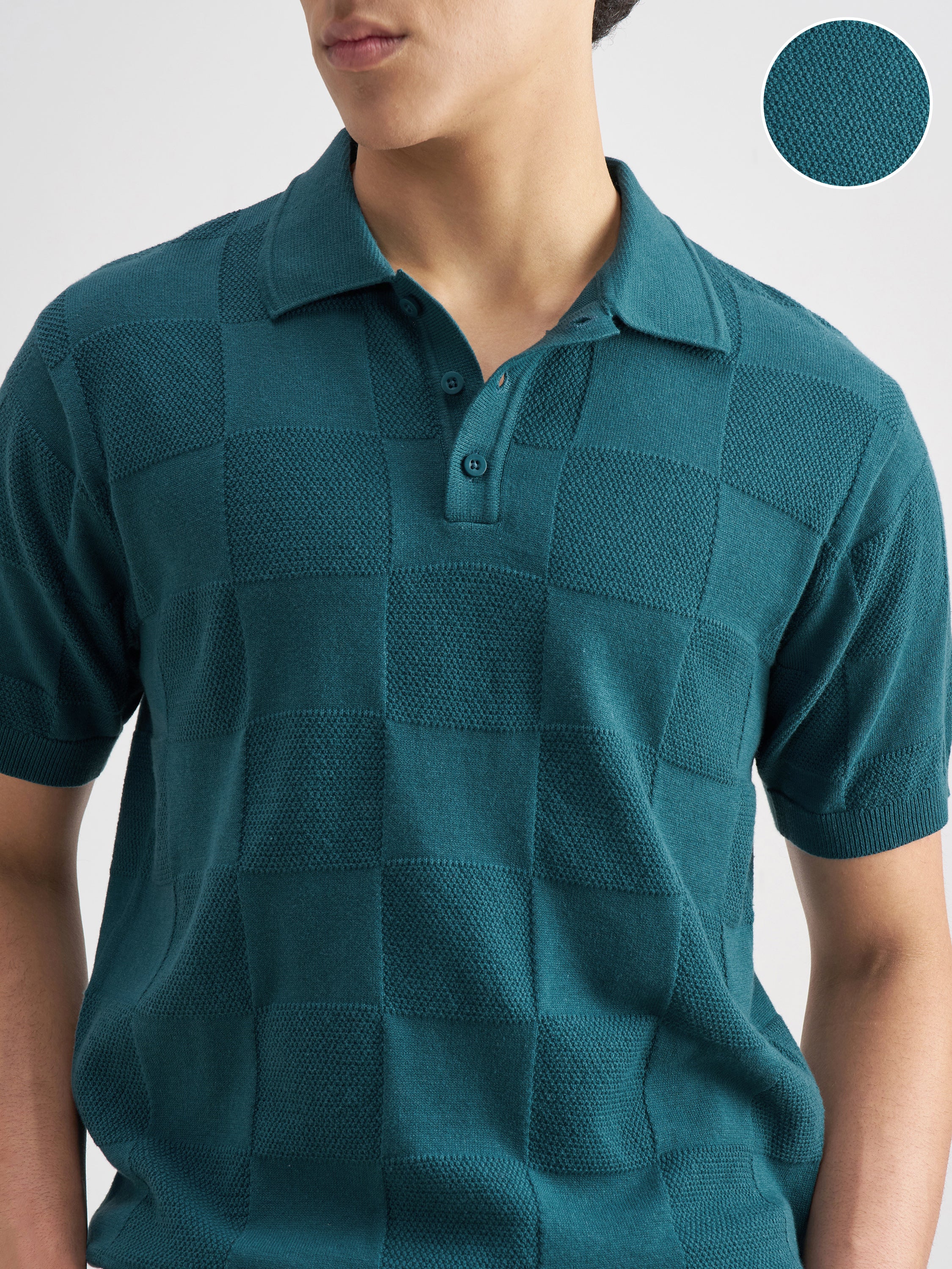 Highlander Men Teal Self Design Polo Collar T-Shirt - Teal - Image 5
