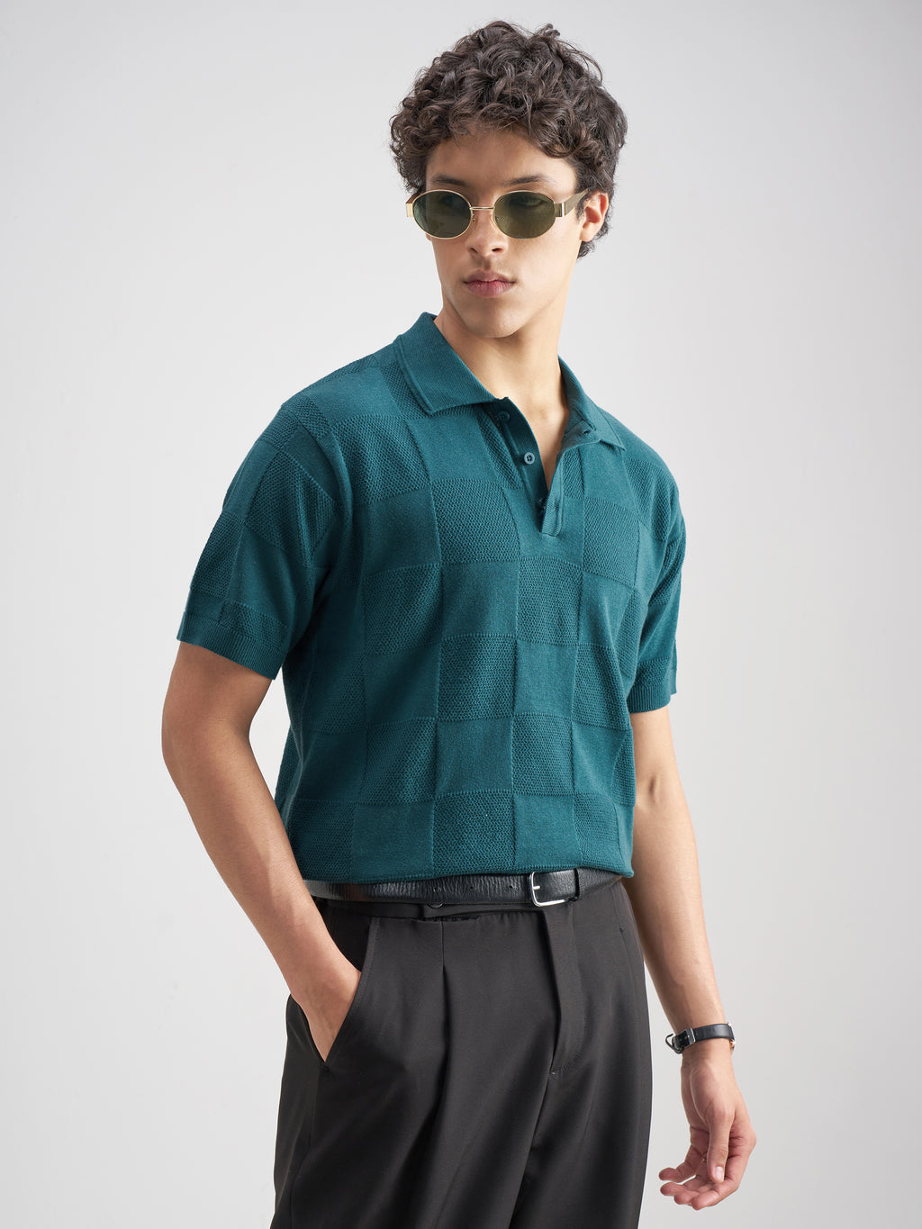 Highlander Men Teal Self Design Polo Collar T-Shirt - Teal - Image 6