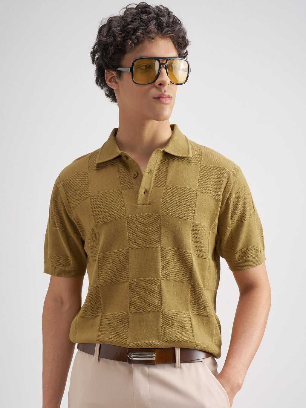 Highlander Men Khaki Self Design Polo Collar T-Shirt - Khaki - Image 1