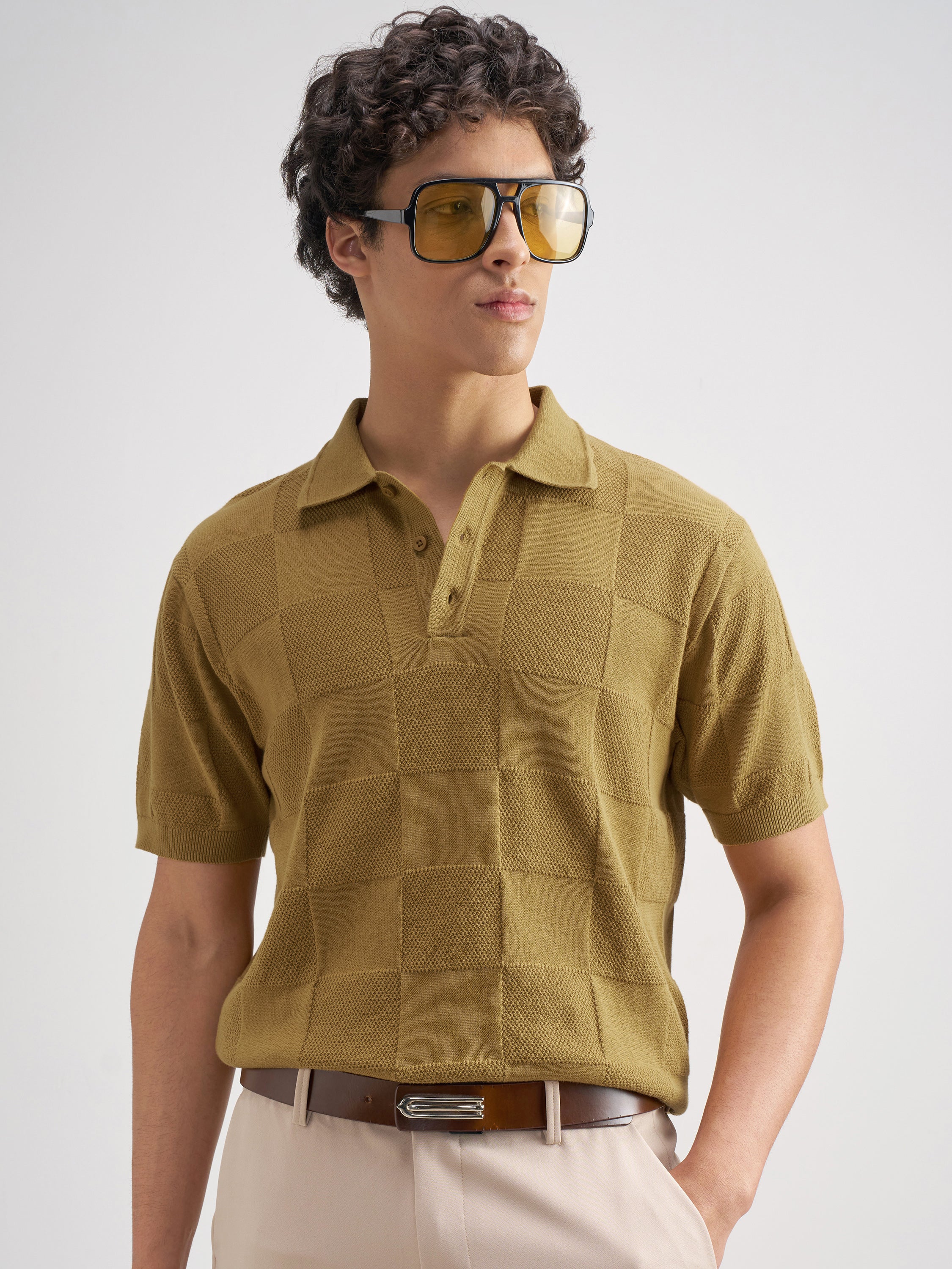 Highlander Men Khaki Self Design Polo Collar T-Shirt - Khaki - Image 1