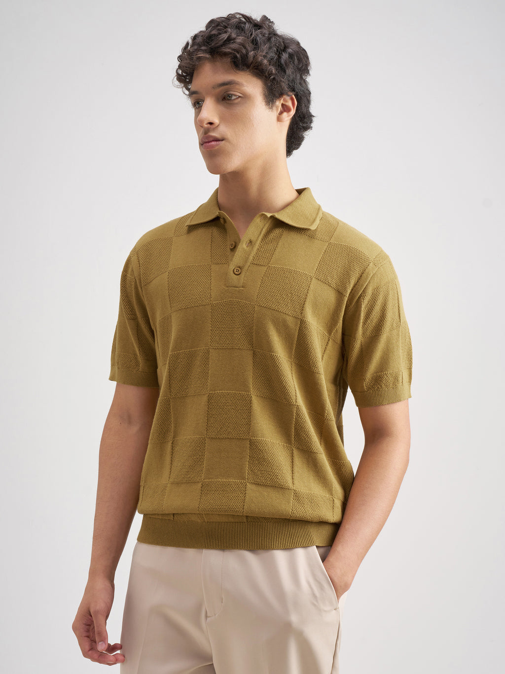 Highlander Men Khaki Self Design Polo Collar T-Shirt - Khaki - Image 4