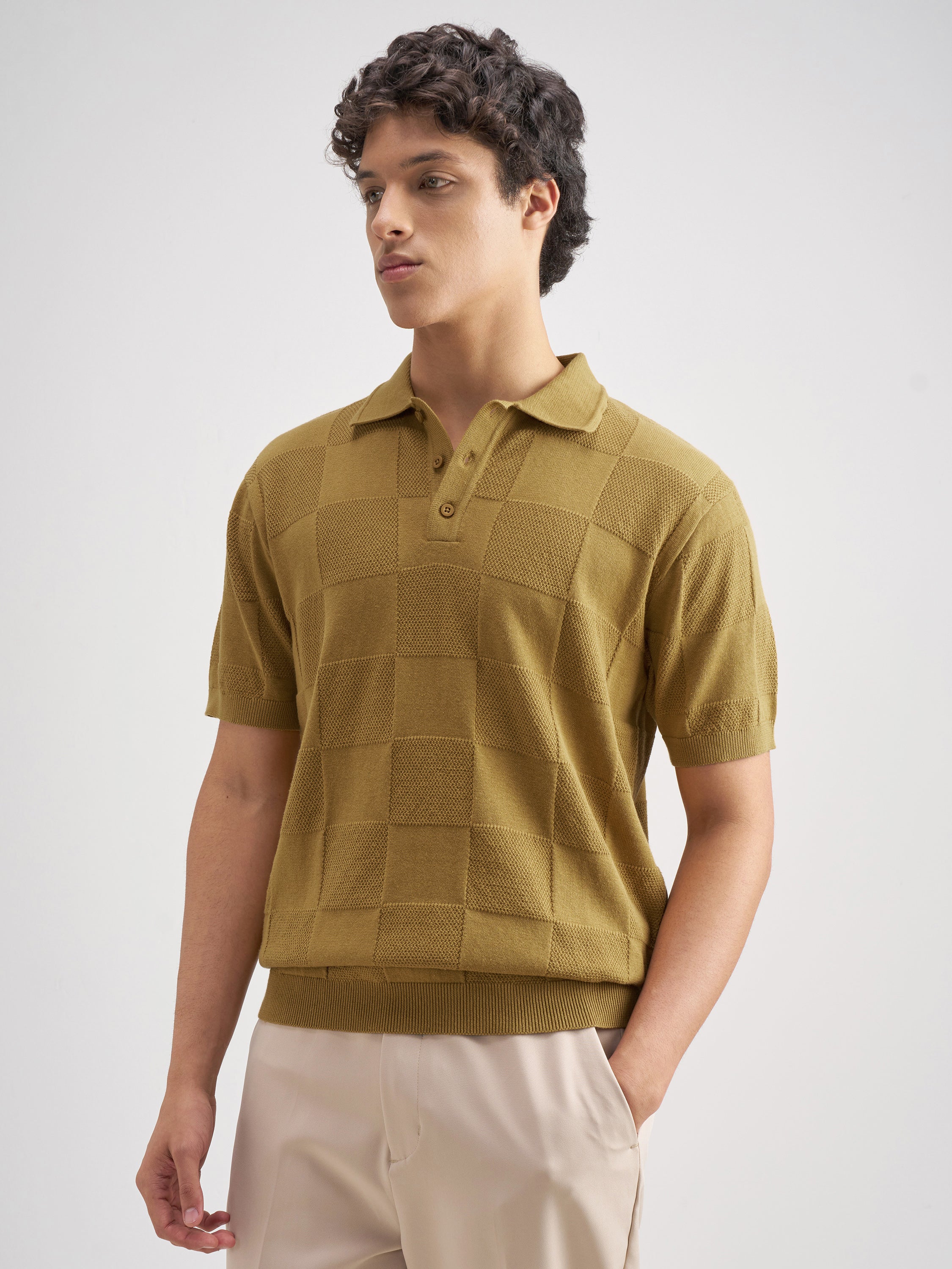 Highlander Men Khaki Self Design Polo Collar T-Shirt - Khaki - Image 4