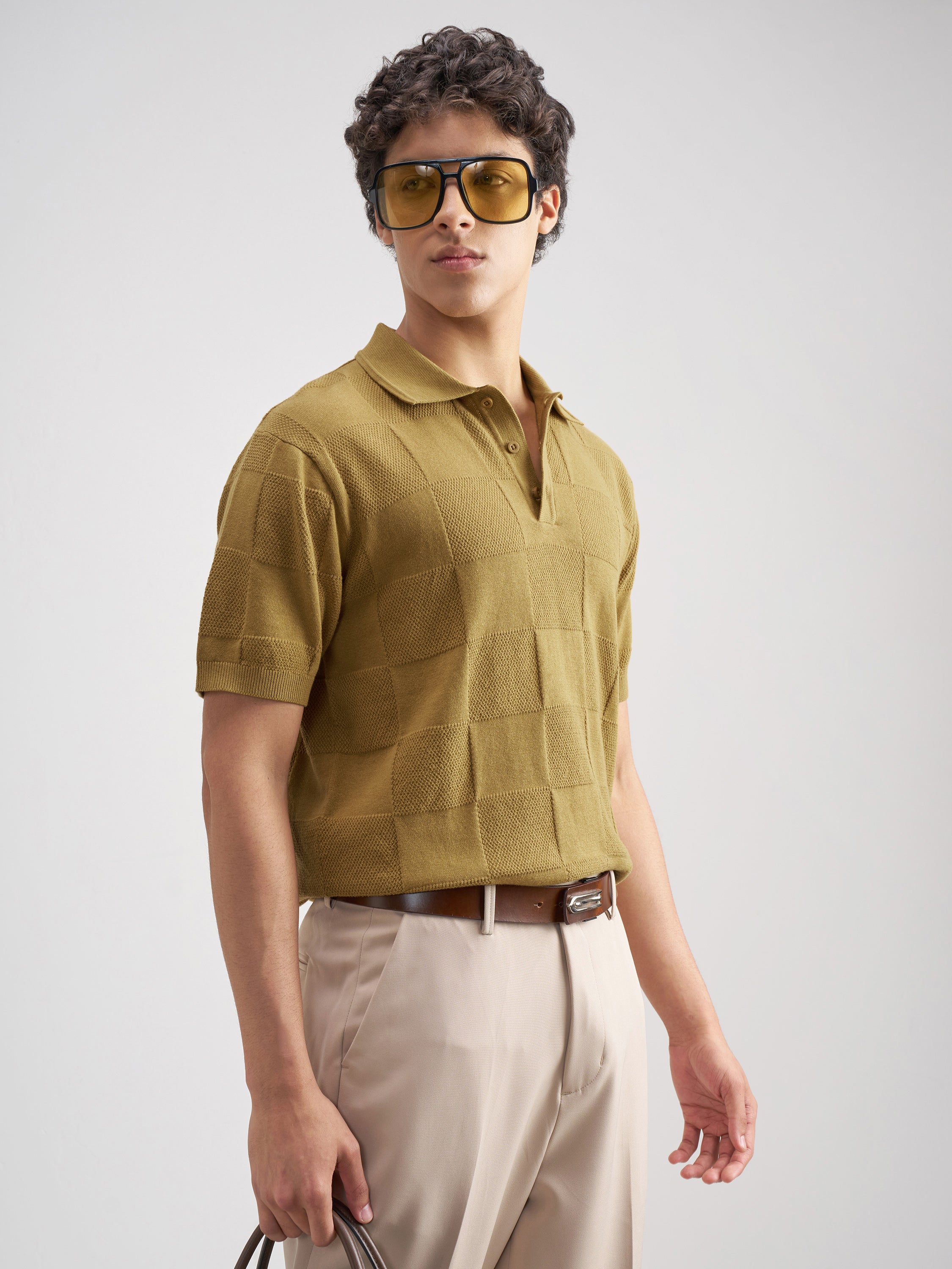 Highlander Men Khaki Self Design Polo Collar T-Shirt - Khaki - Image 6