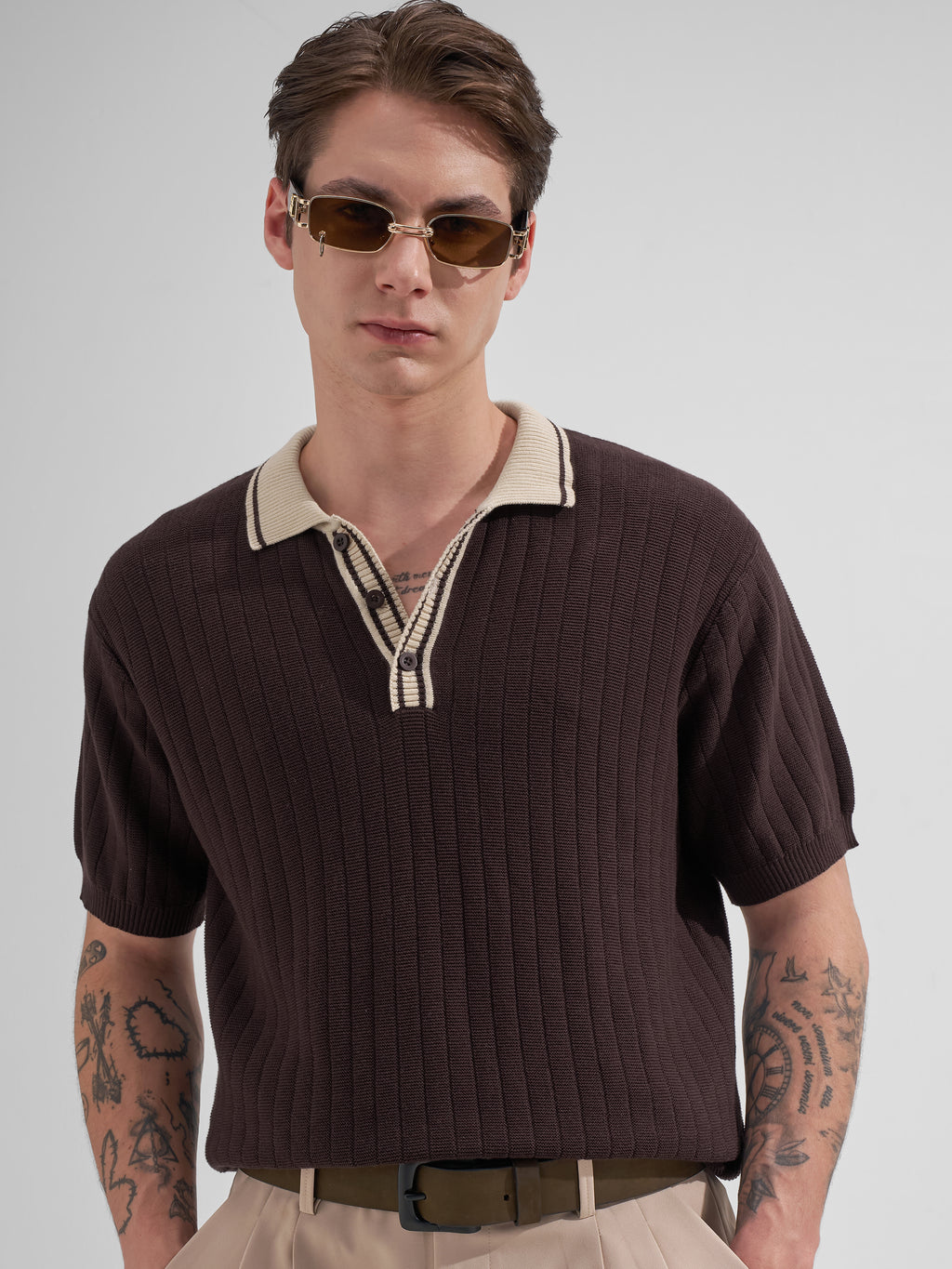 Highlander Men Brown Self Design Polo Collar T-Shirt