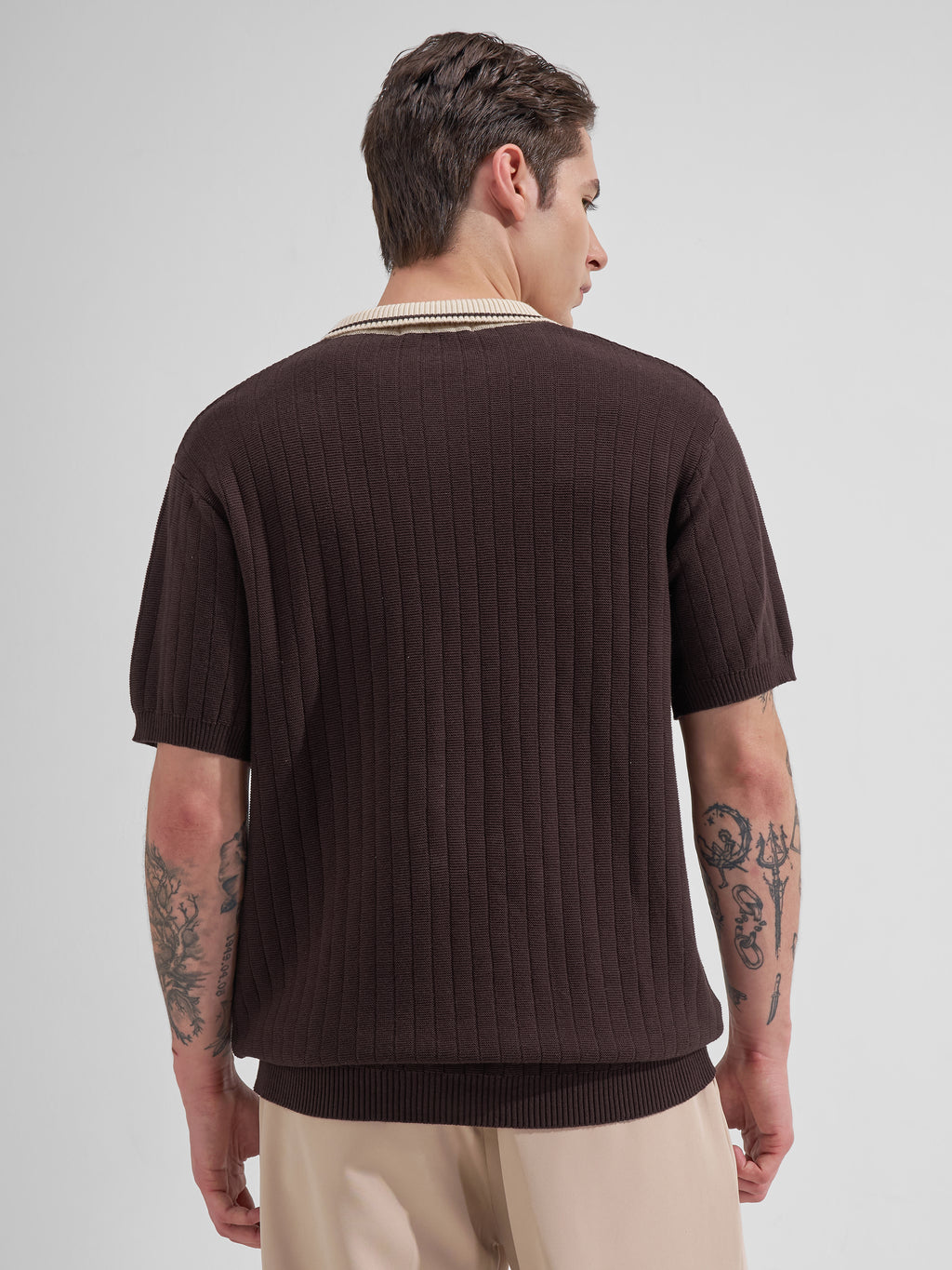 Highlander Men Brown Self Design Polo Collar T-Shirt