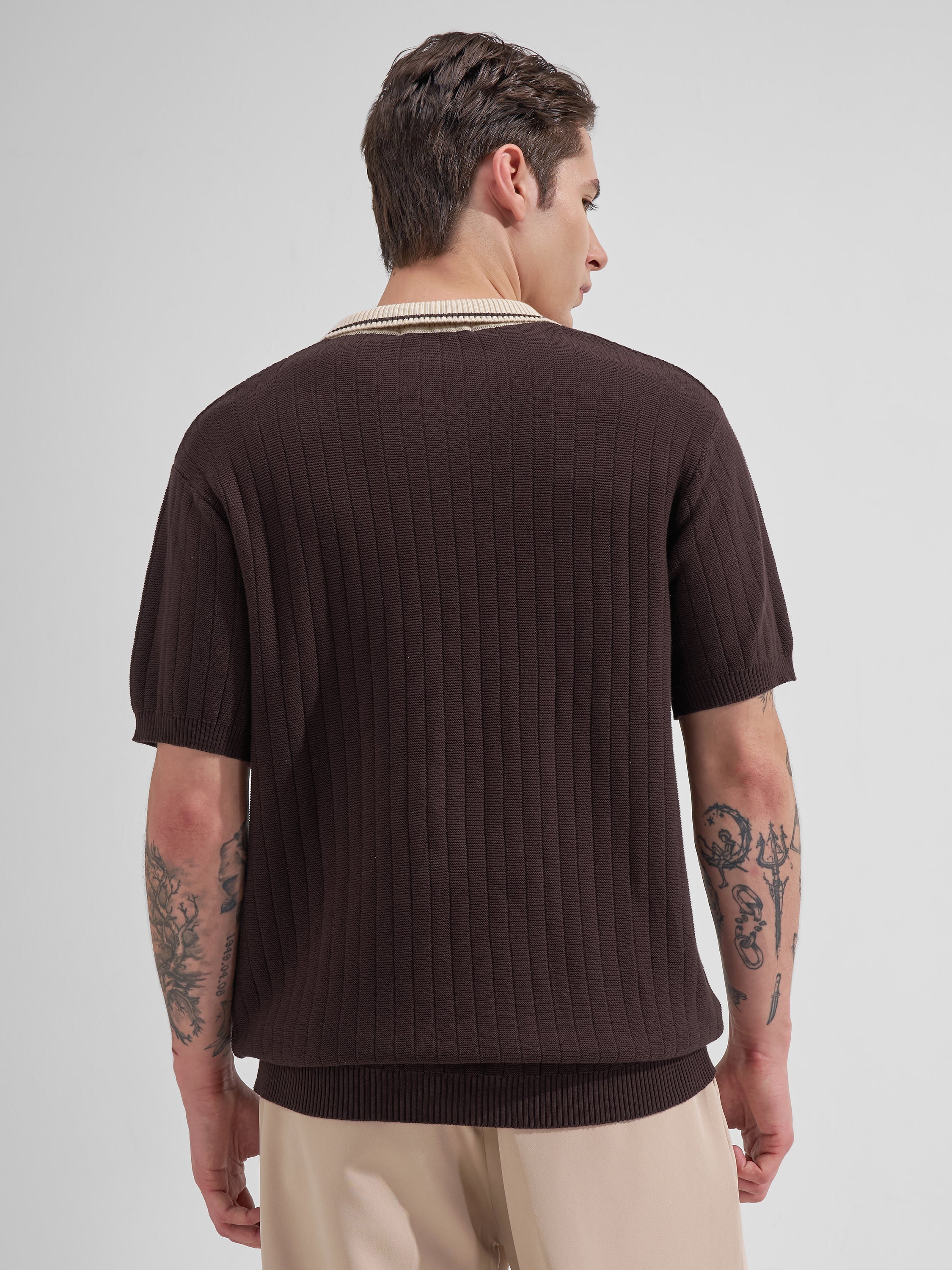 Highlander Men Brown Self Design Polo Collar T-Shirt