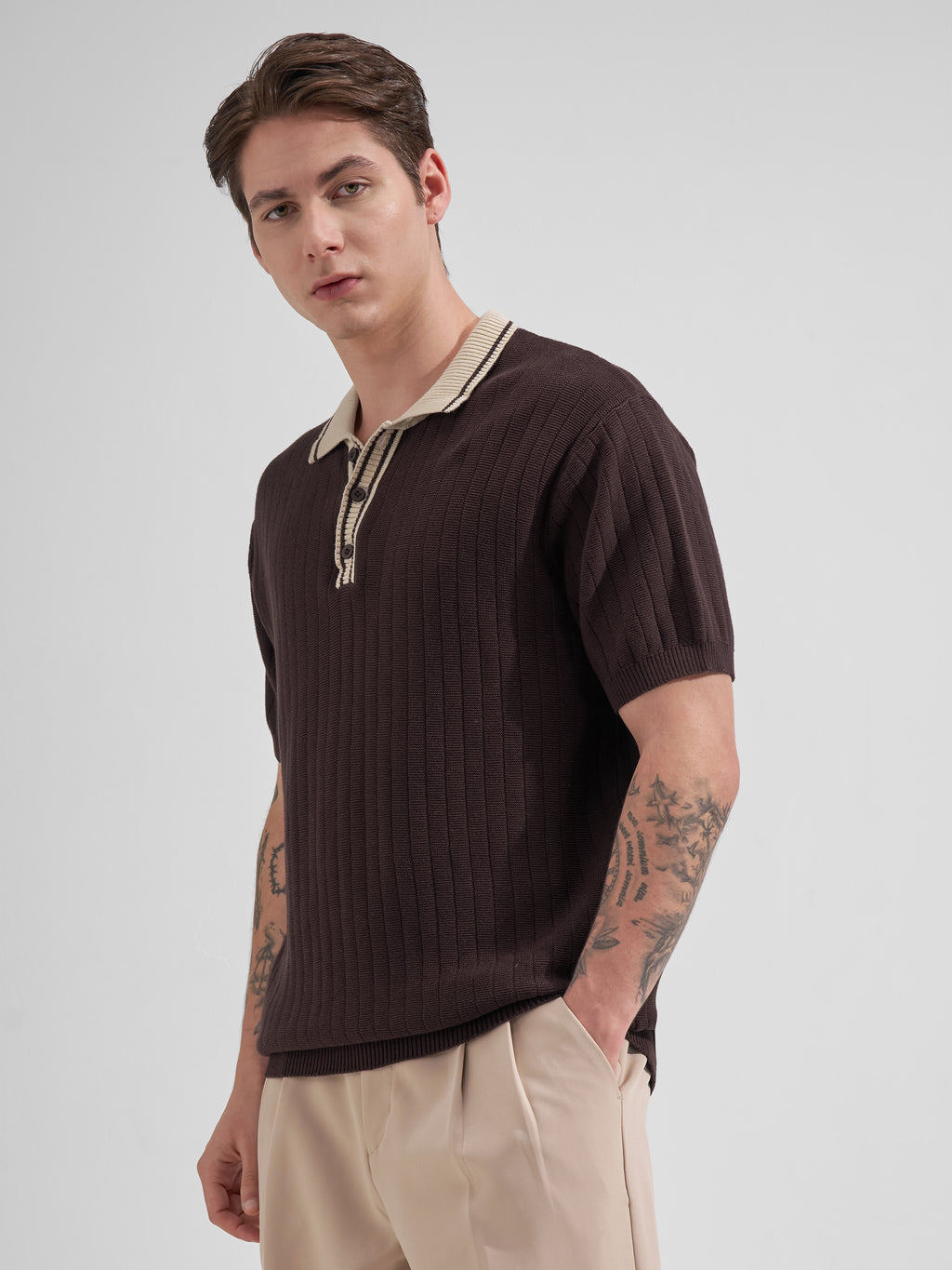 Highlander Men Brown Self Design Polo Collar T-Shirt