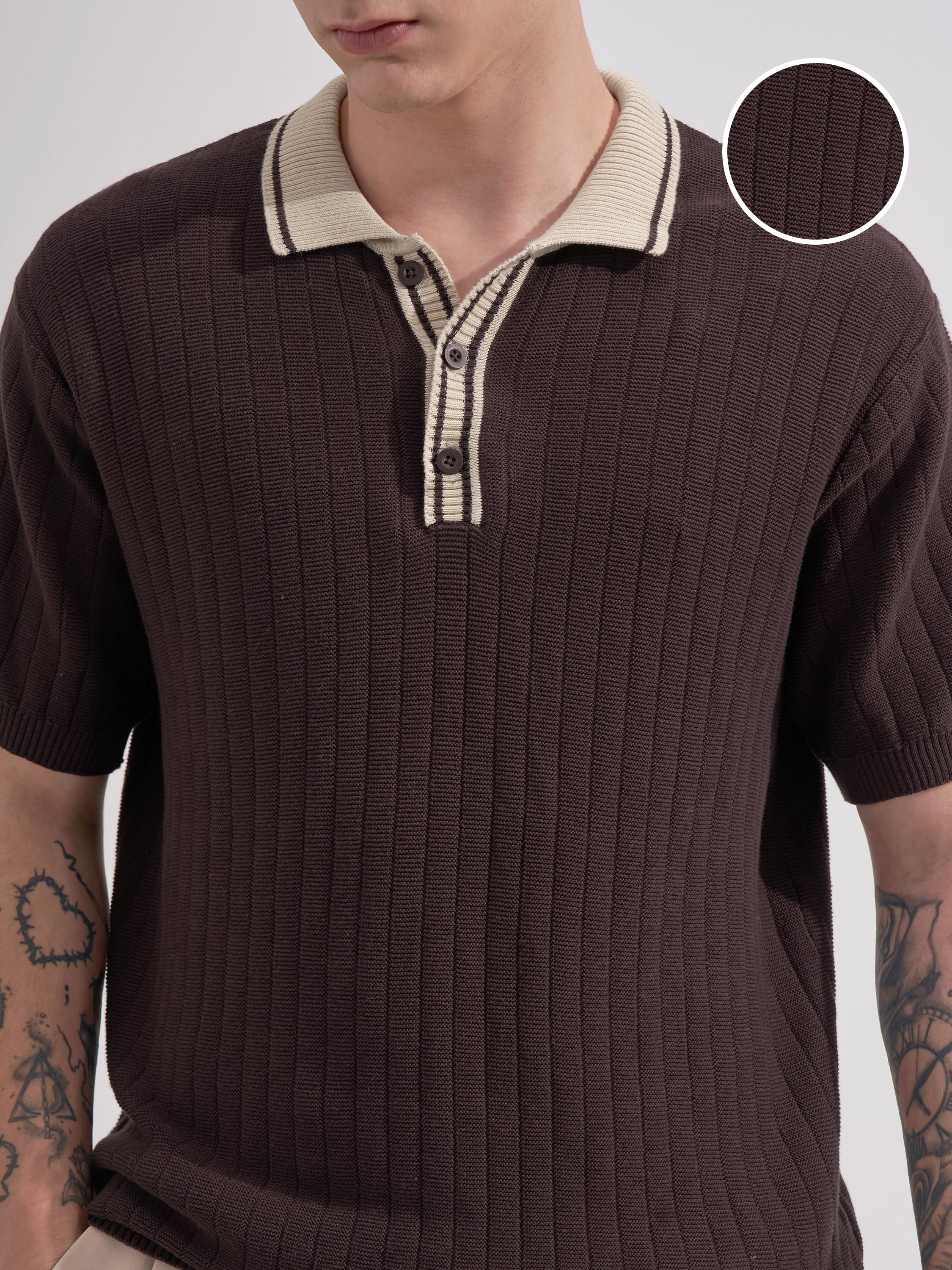 Highlander Men Brown Self Design Polo Collar T-Shirt