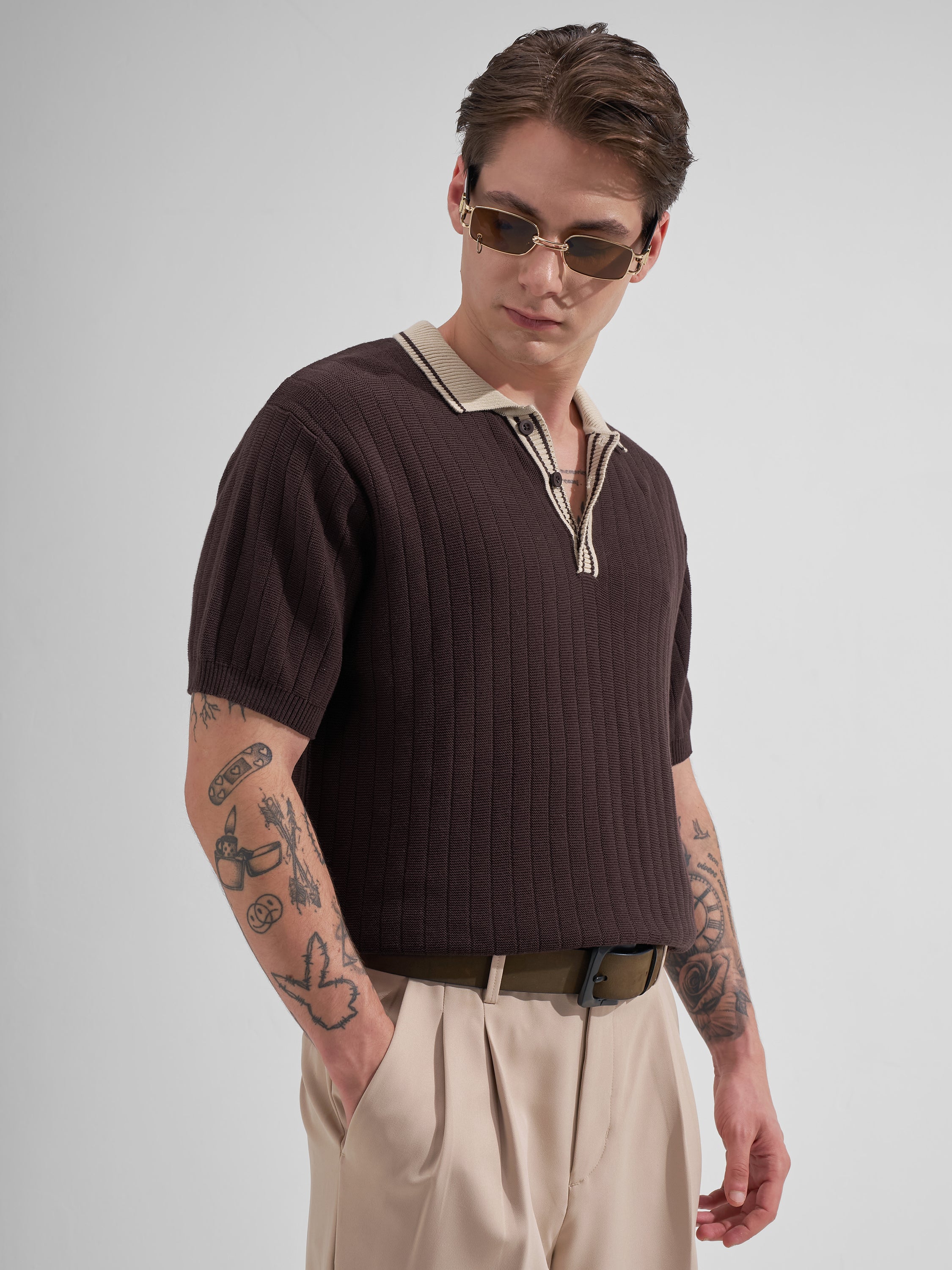 Highlander Men Brown Self Design Polo Collar T-Shirt