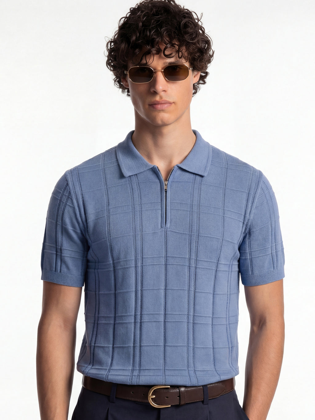 Highlander Men Blue Self Design Polo Collar T-Shirt - Blue - Image 1