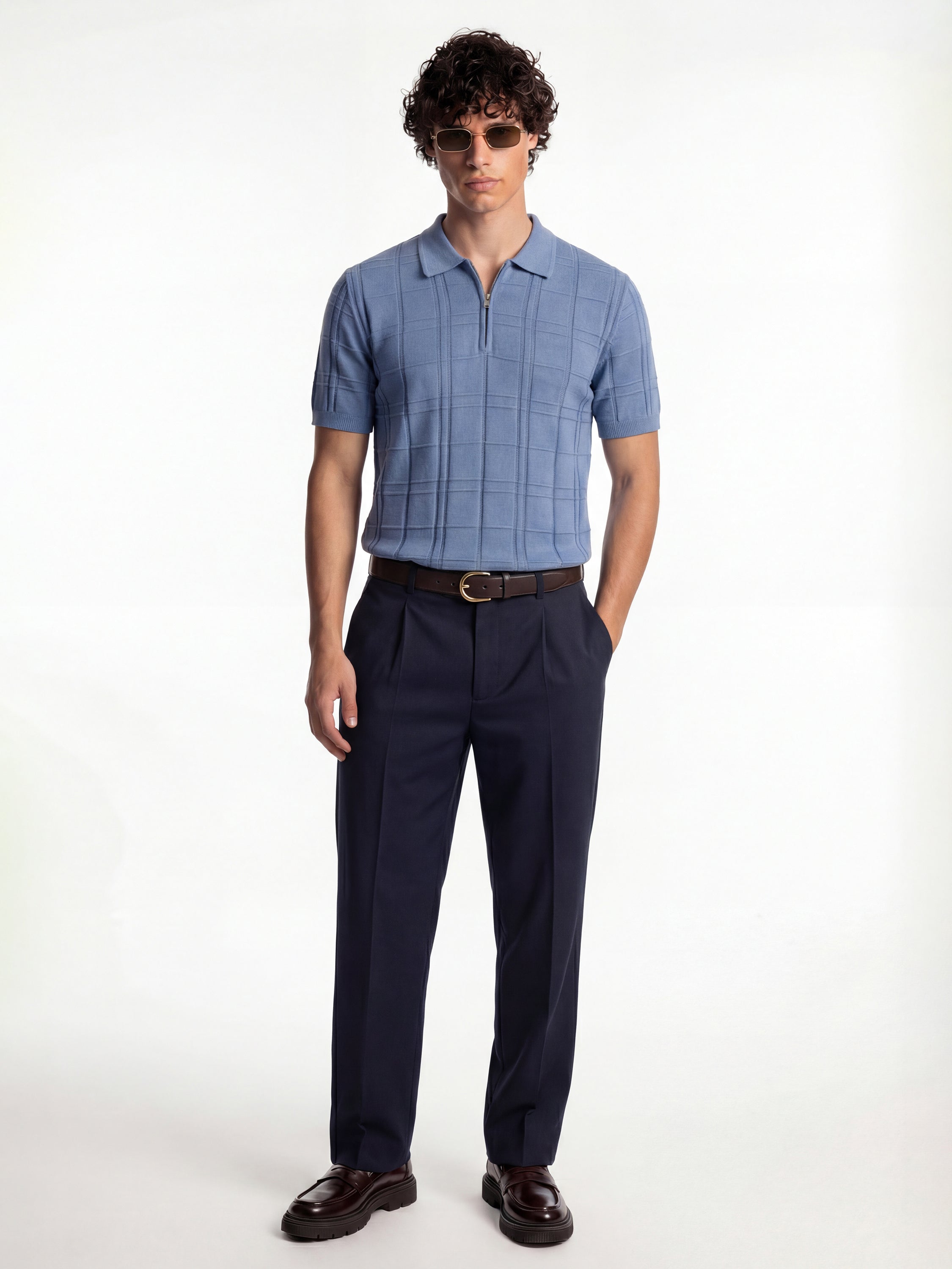 Highlander Men Blue Self Design Polo Collar T-Shirt - Blue - Image 2