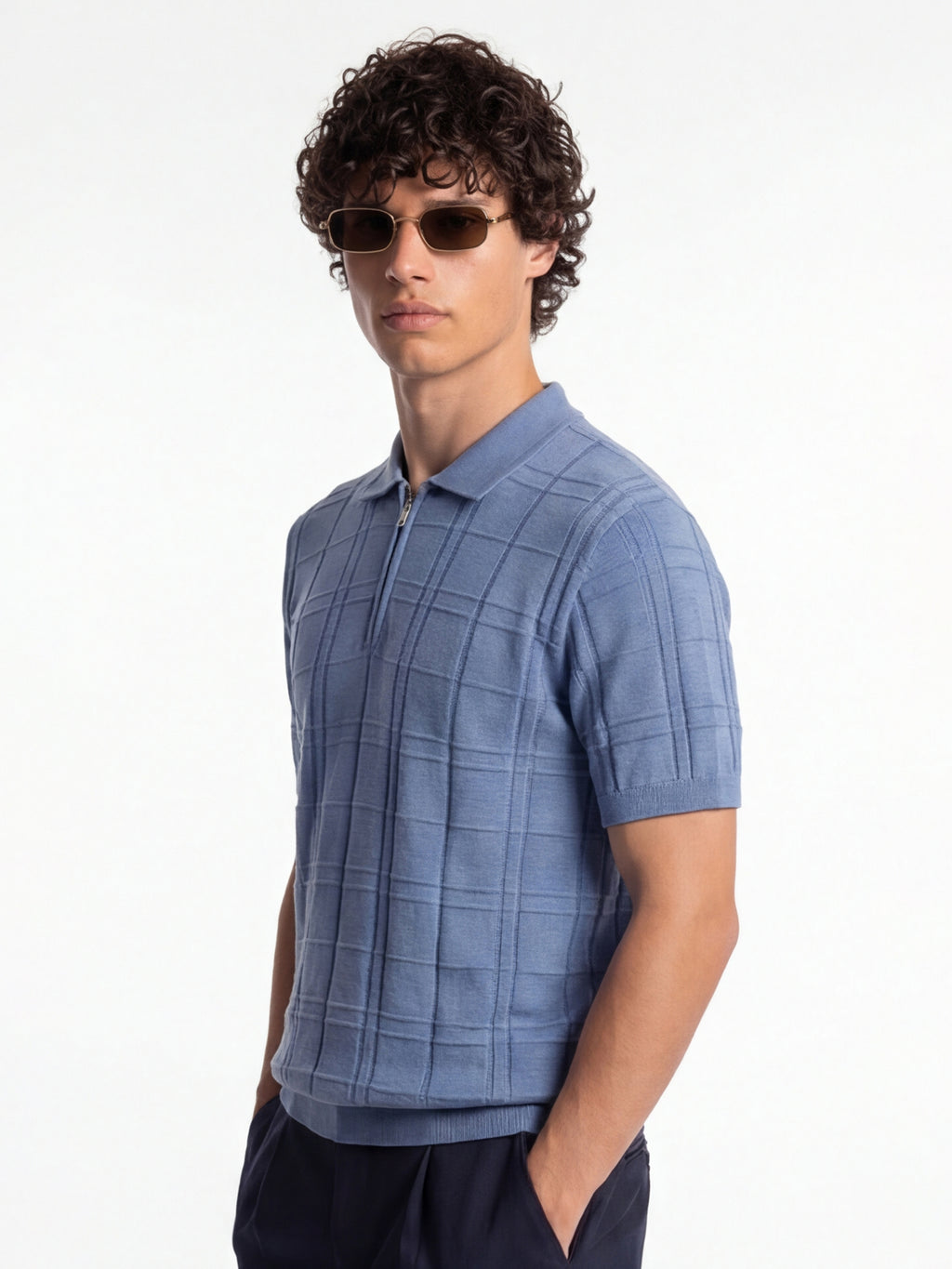 Highlander Men Blue Self Design Polo Collar T-Shirt - Blue - Image 4