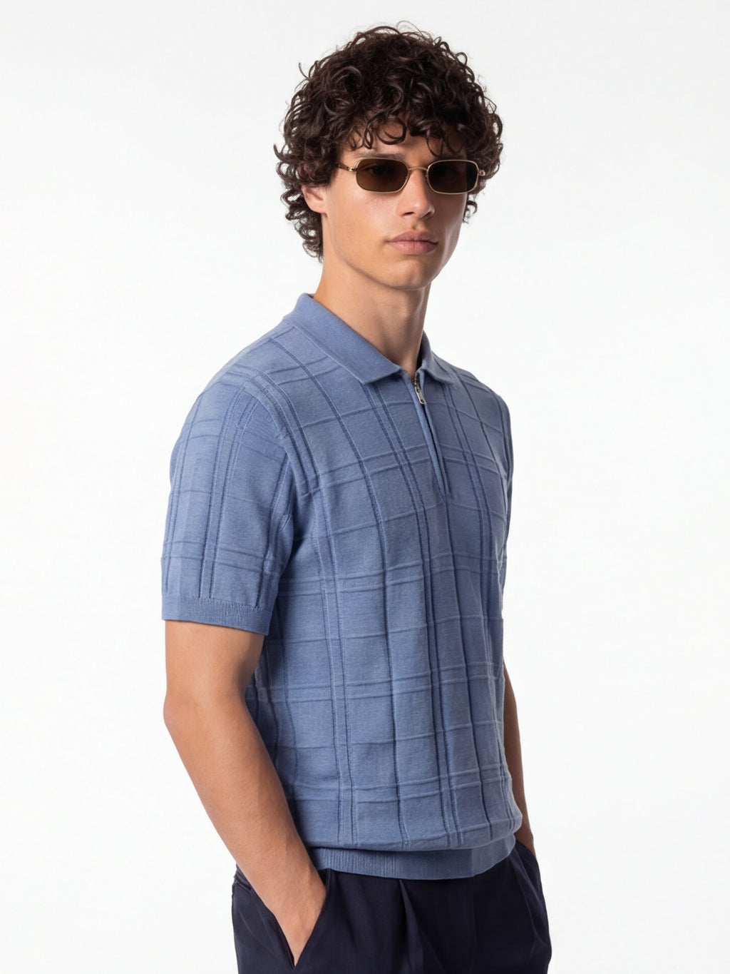 Highlander Men Blue Self Design Polo Collar T-Shirt - Blue - Image 6