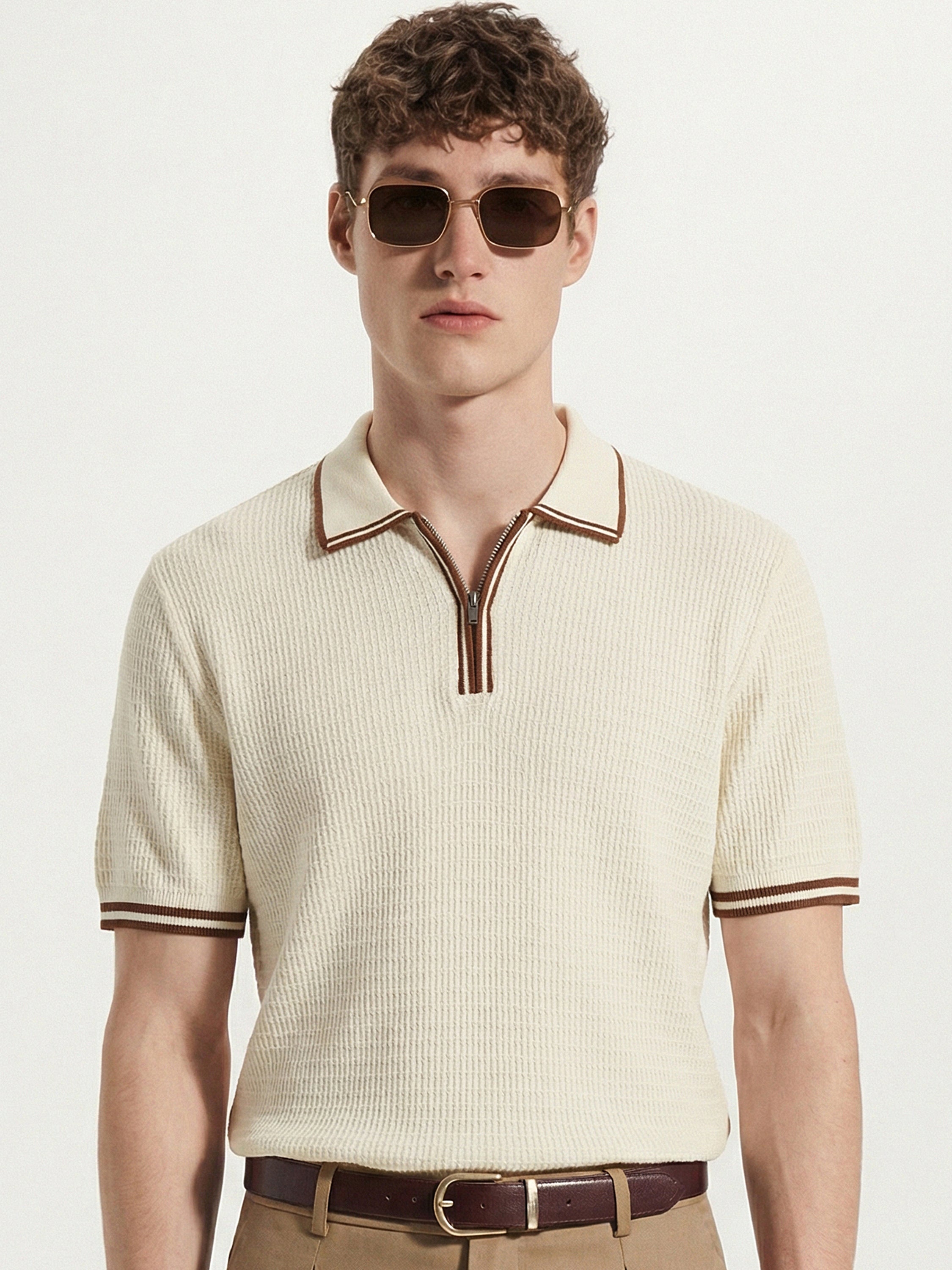 Highlander Men Cream Self Design Polo Collar T-Shirt - Cream - Image 1
