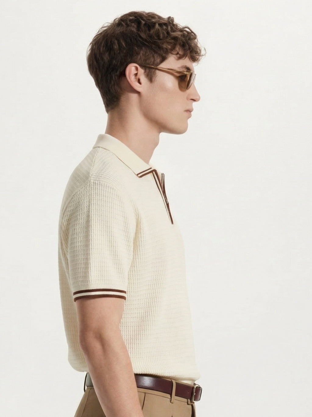 Highlander Men Cream Self Design Polo Collar T-Shirt - Cream - Image 4