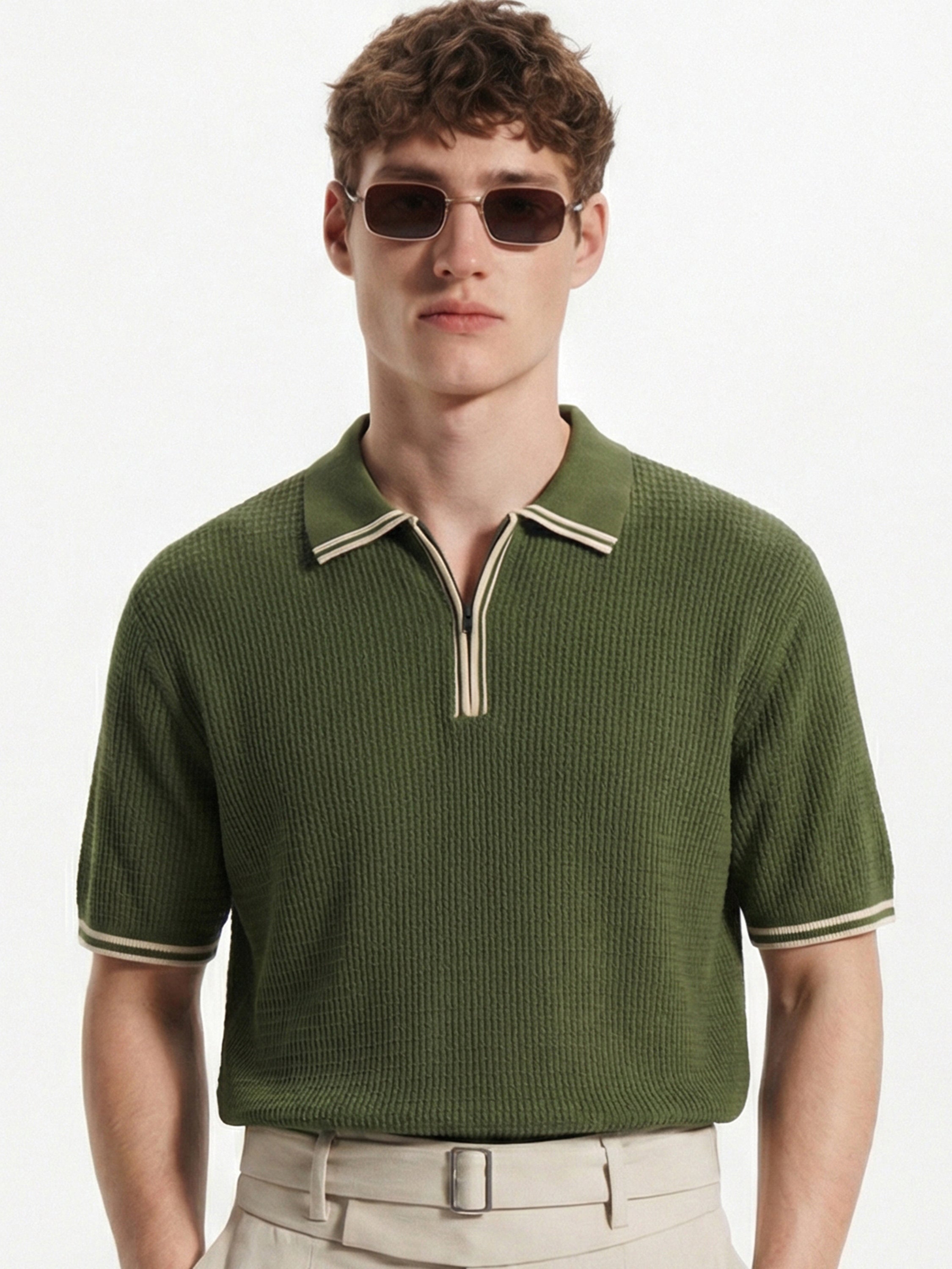 Highlander Men Olive Self Design Polo Collar T-Shirt - Olive - Image 1