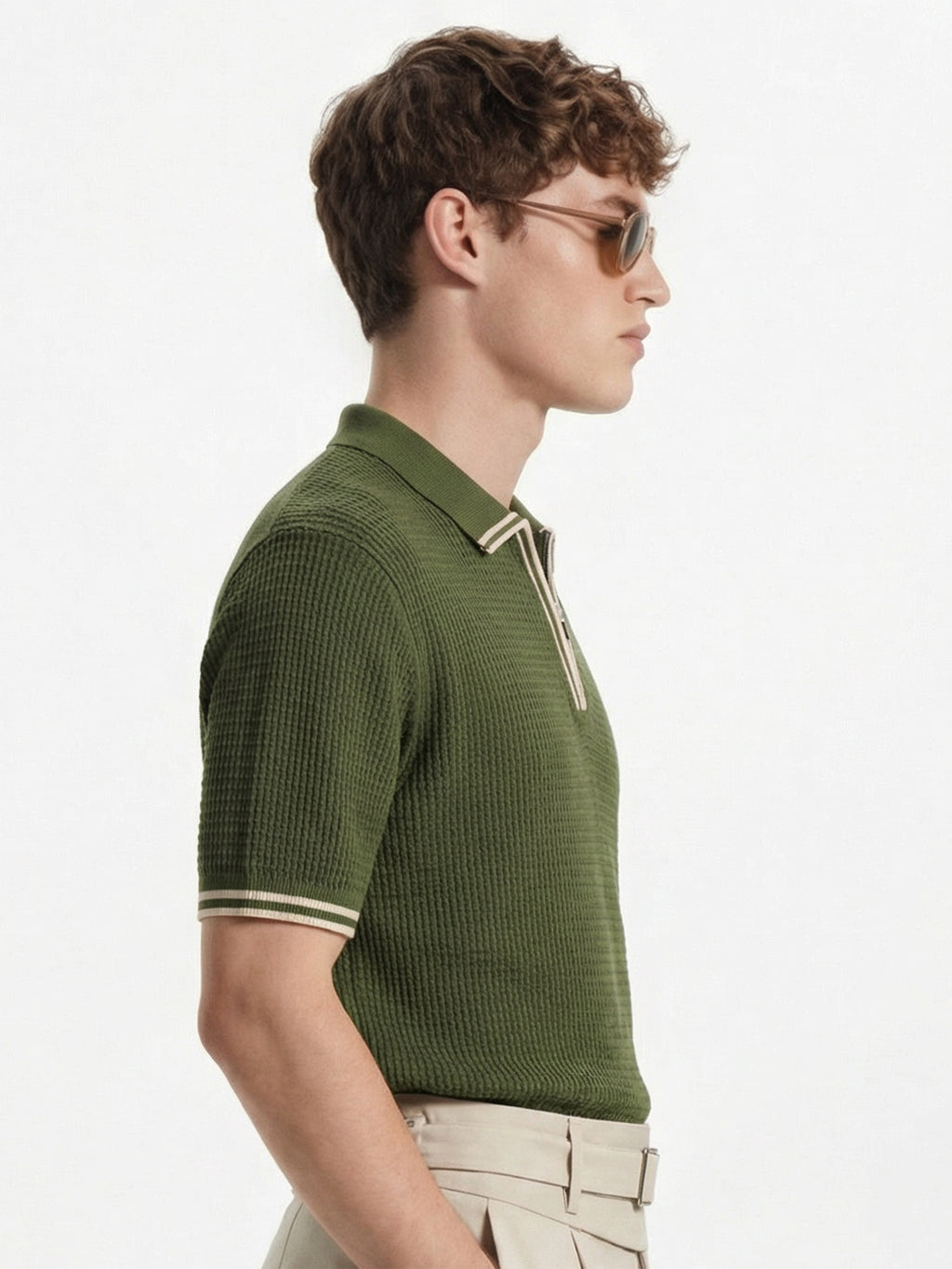 Highlander Men Olive Self Design Polo Collar T-Shirt - Olive - Image 4