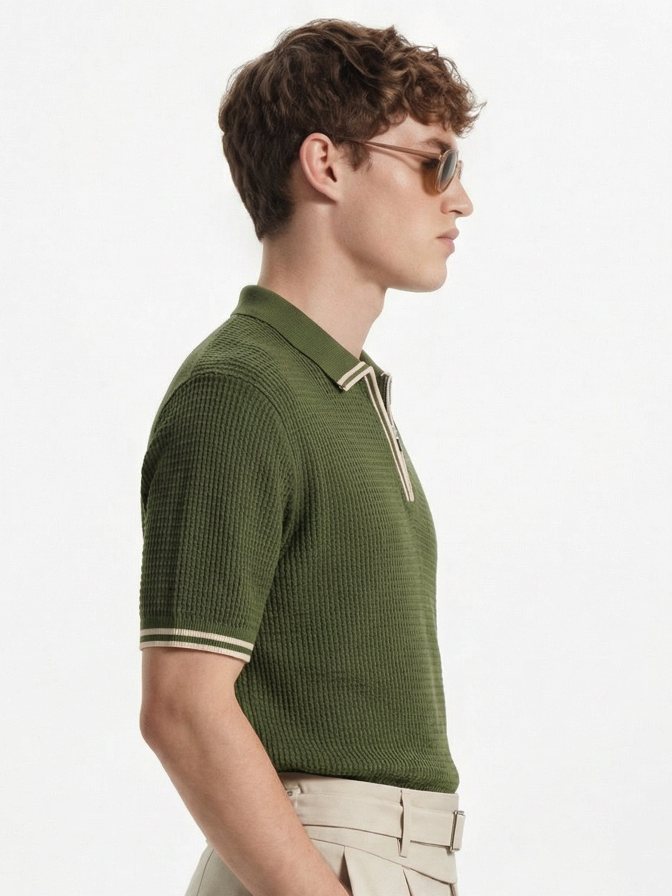 Highlander Men Olive Self Design Polo Collar T-Shirt - Olive - Image 4