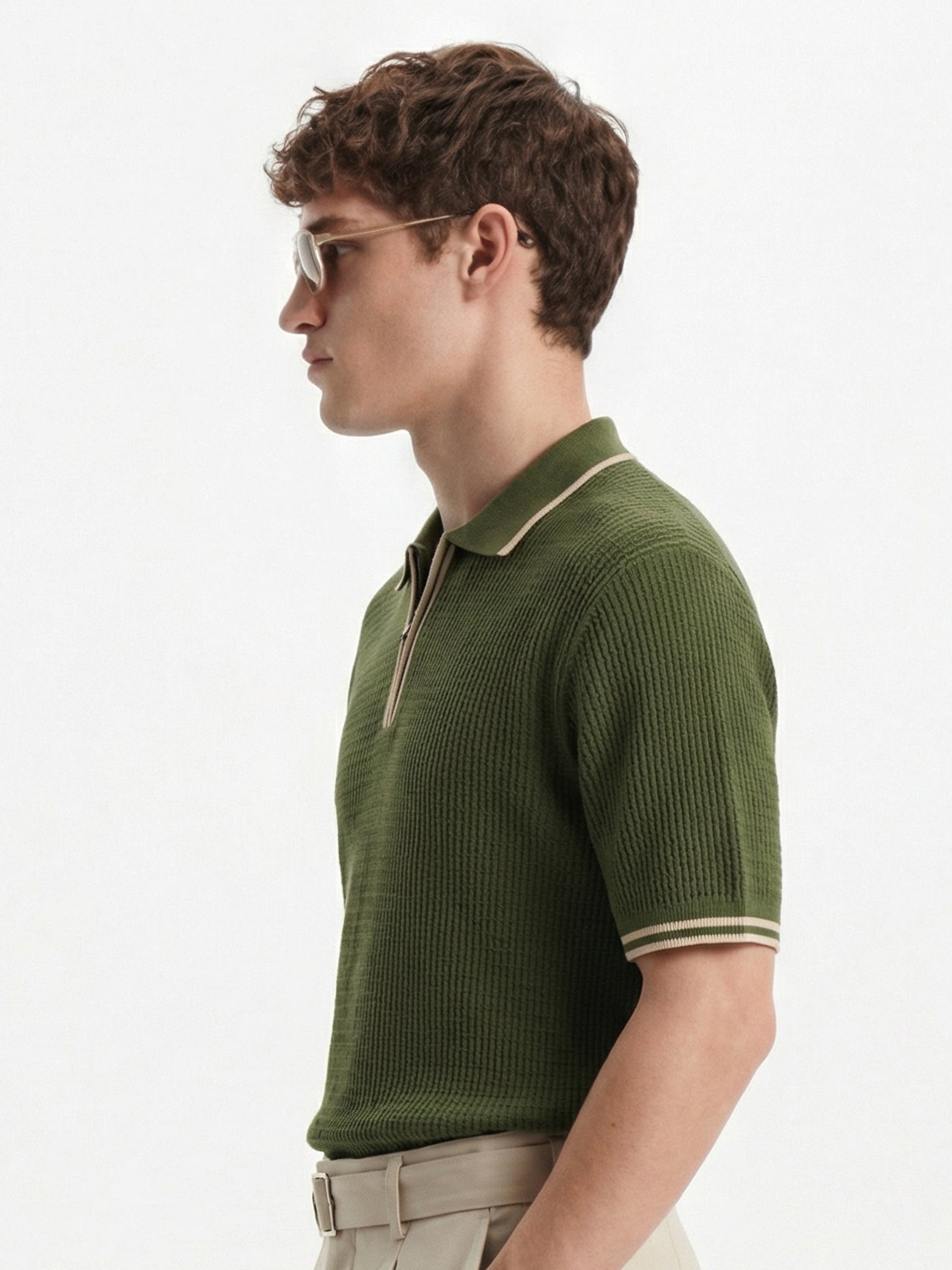 Highlander Men Olive Self Design Polo Collar T-Shirt - Olive - Image 5